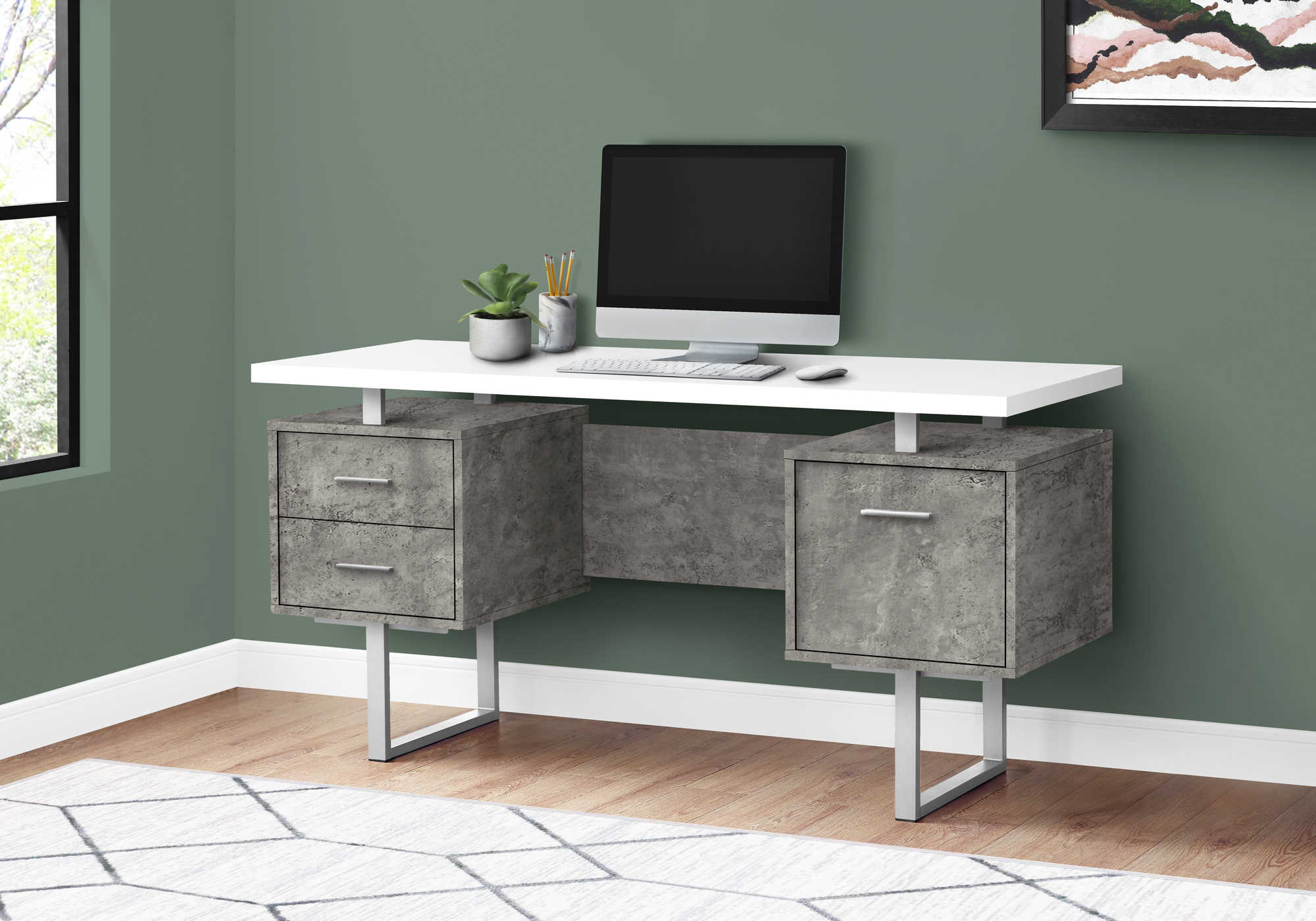 Image of computer desk - 60"l / white/ grey concrete/ silver metal i 7633.