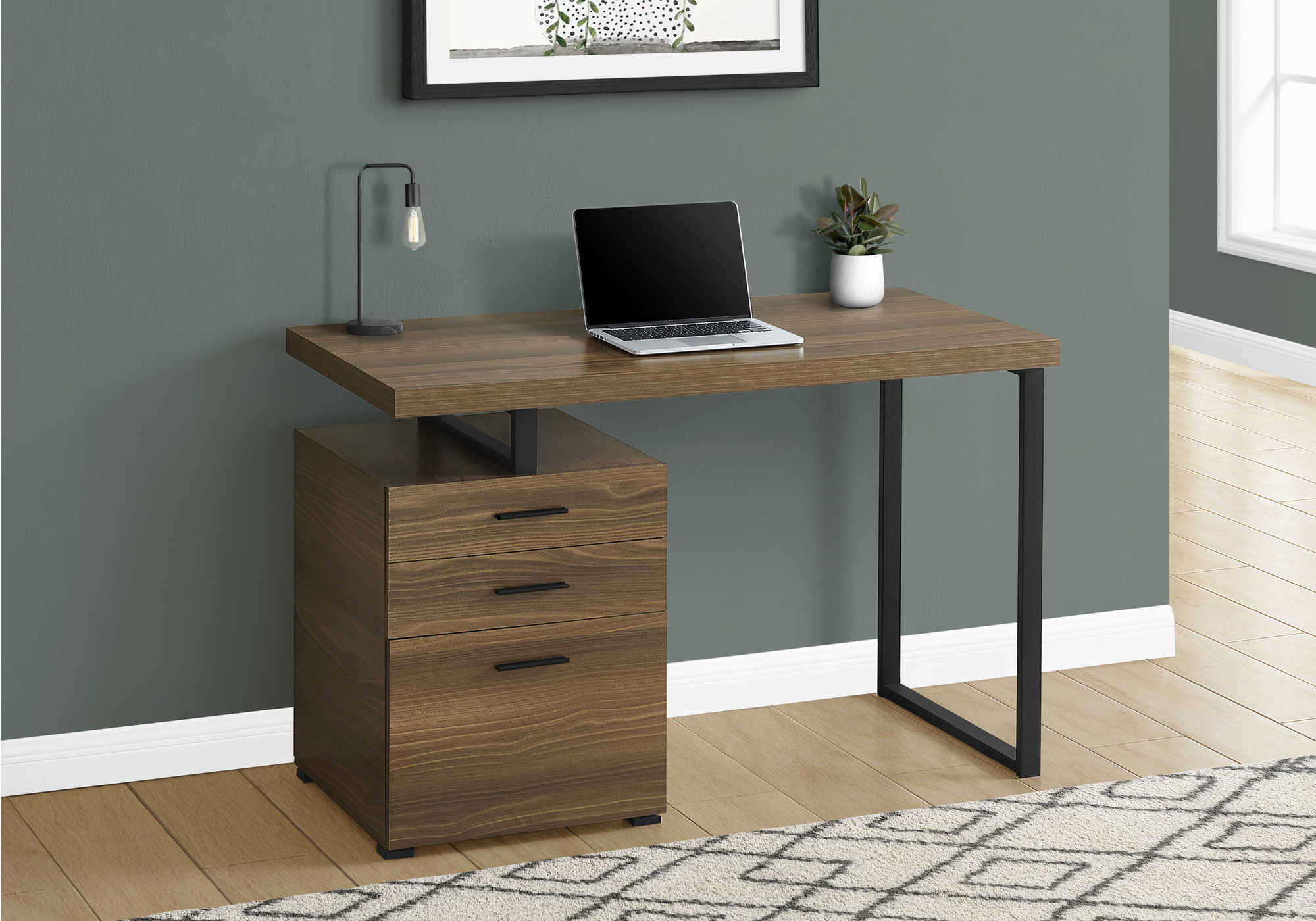 computer desk 48l walnut black metal l r face i 7640