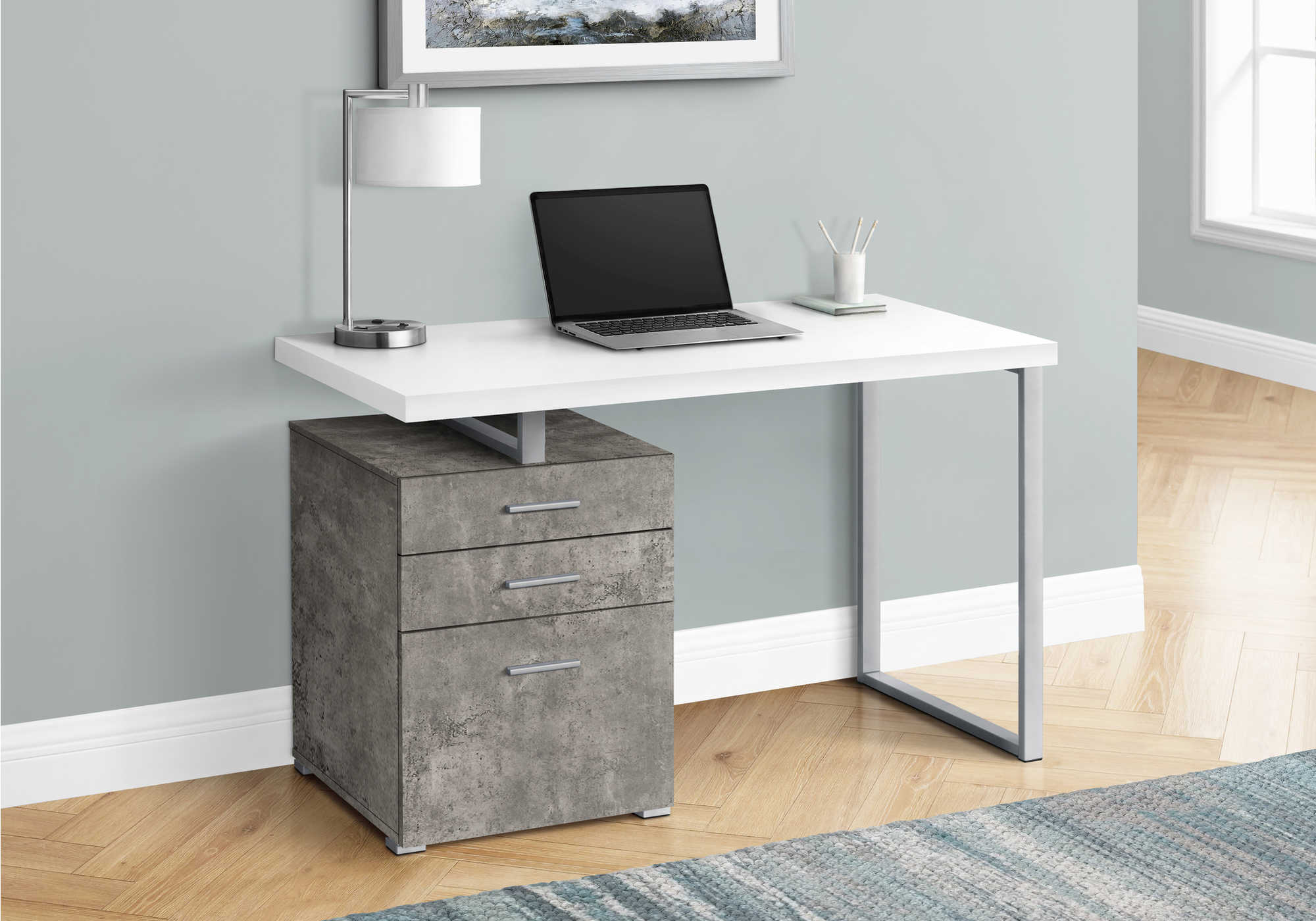 computer desk 48l white concrete silver metal l r i 7648