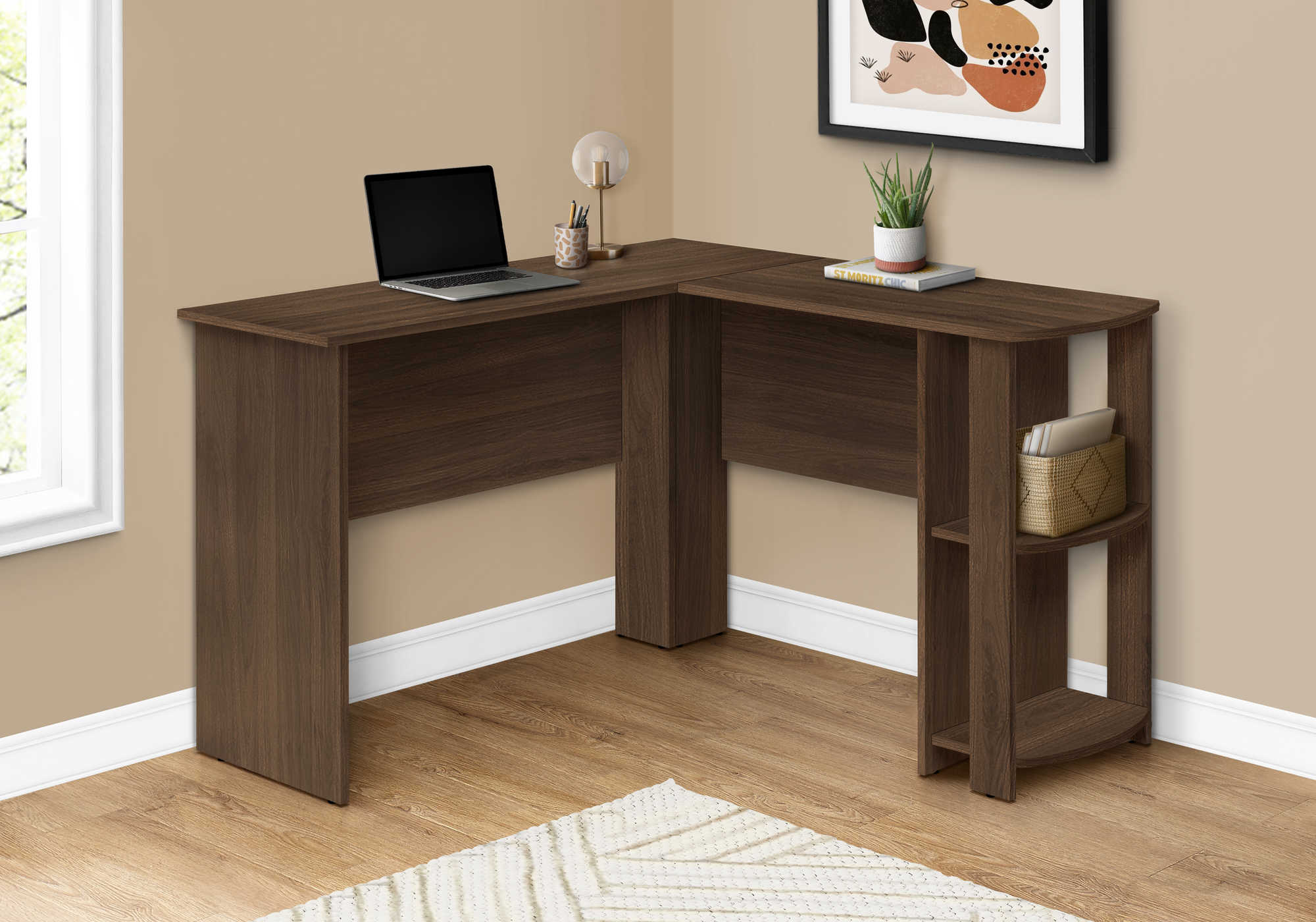 computer desk dark walnut l shaped corner 2 shelves i 7721