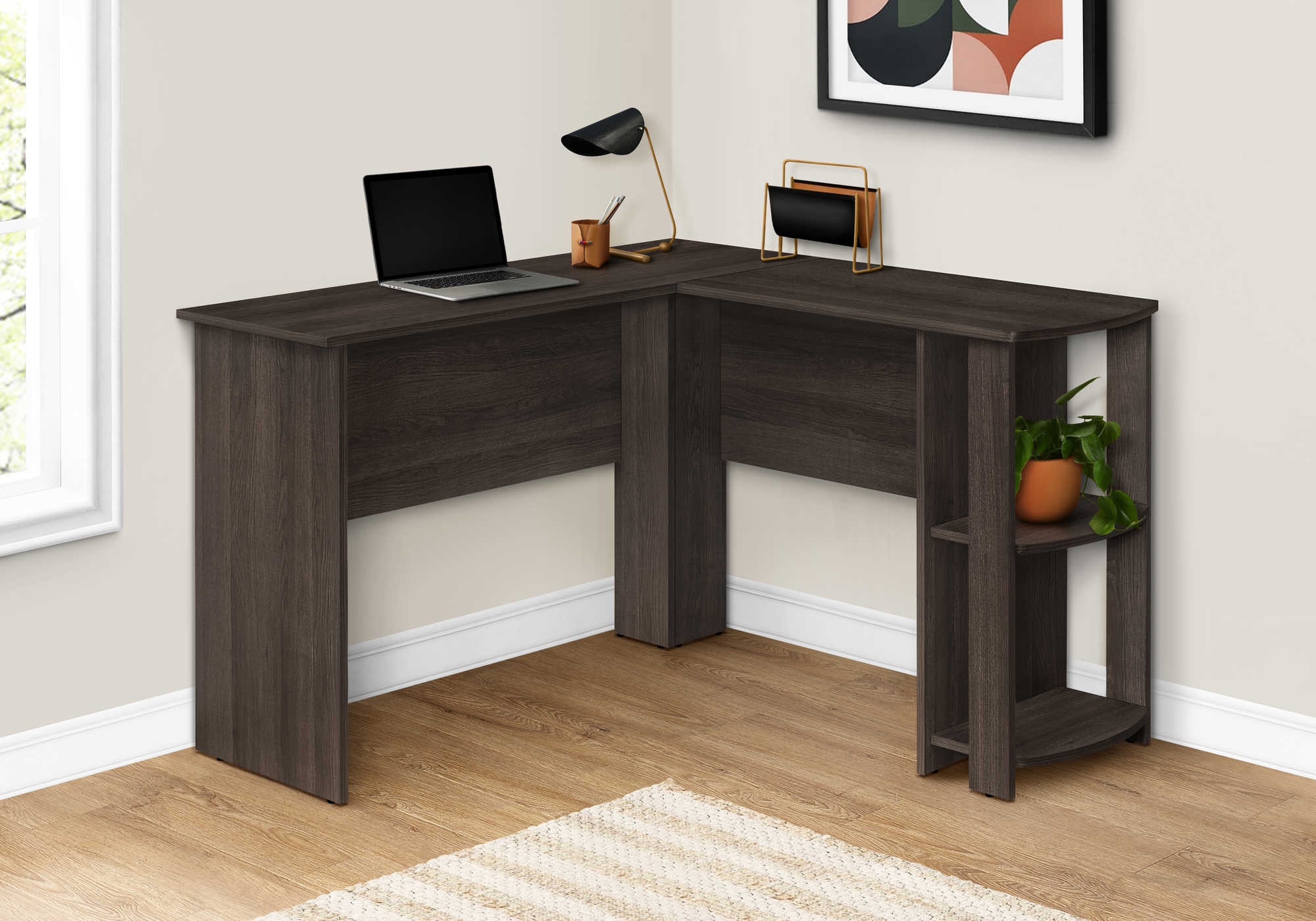 computer desk brown oak l shaped corner 2 shelves i 7722