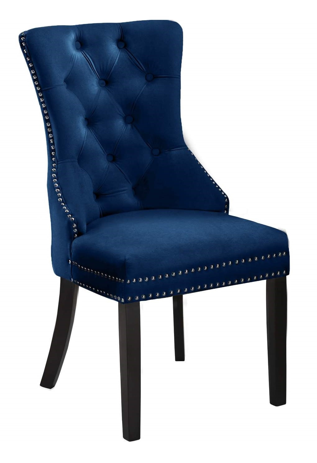 Image of c-1222: 02 navy blue velvet dining chair with nail head details dining chair.