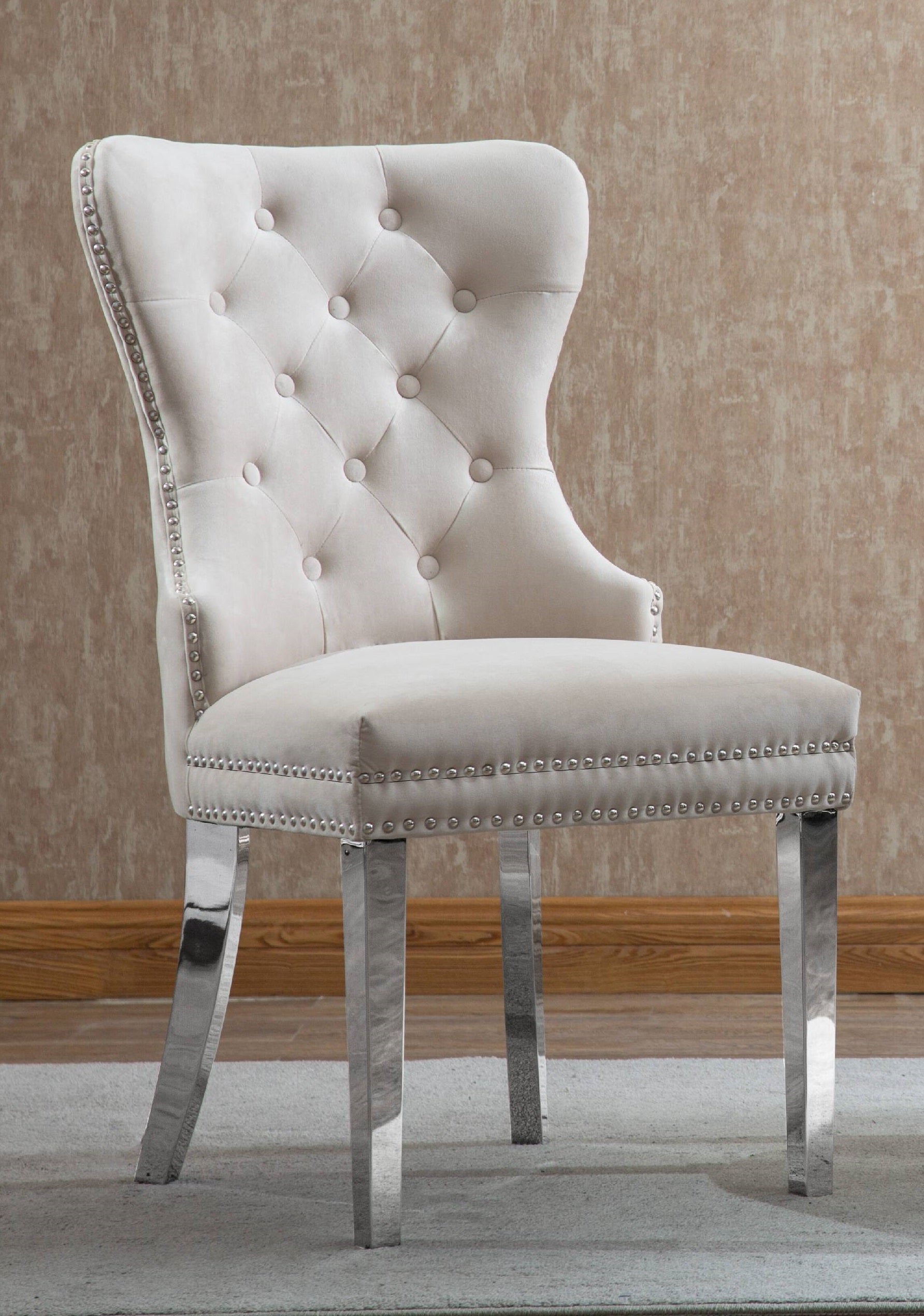 Image of c-1263: 02 creme velvet dining chair with chrome legs..