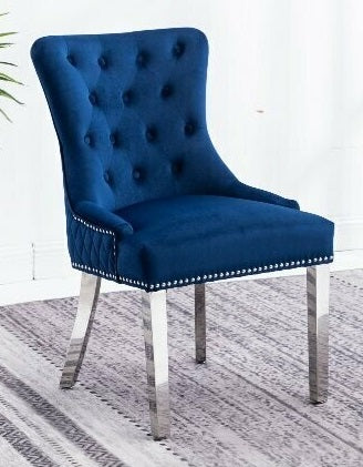 Image of c-1252: 02 blue velvet dining chair with chrome base..