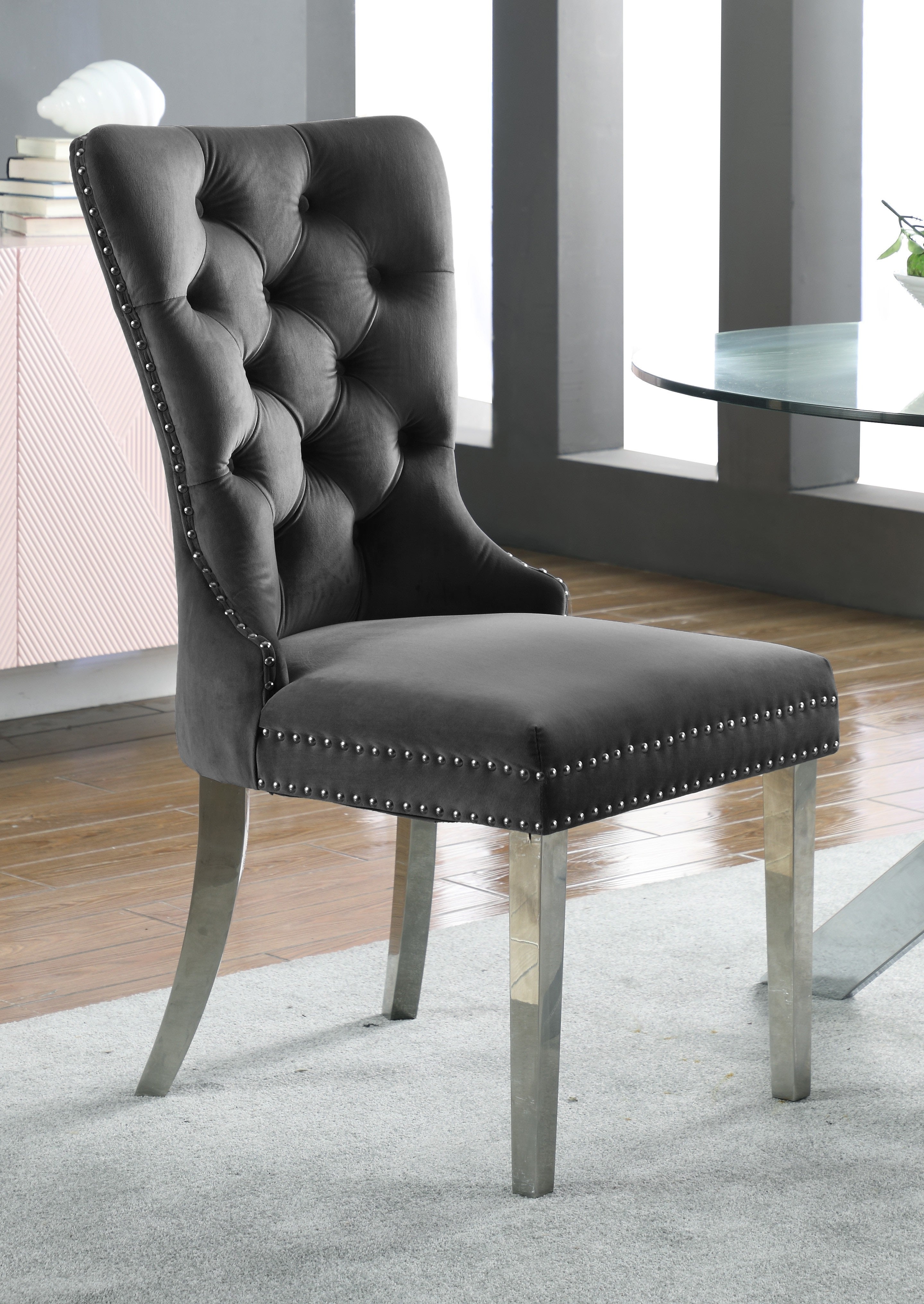 Image of c-1260-1: 02 grey velvet dining chair with chrome legs..