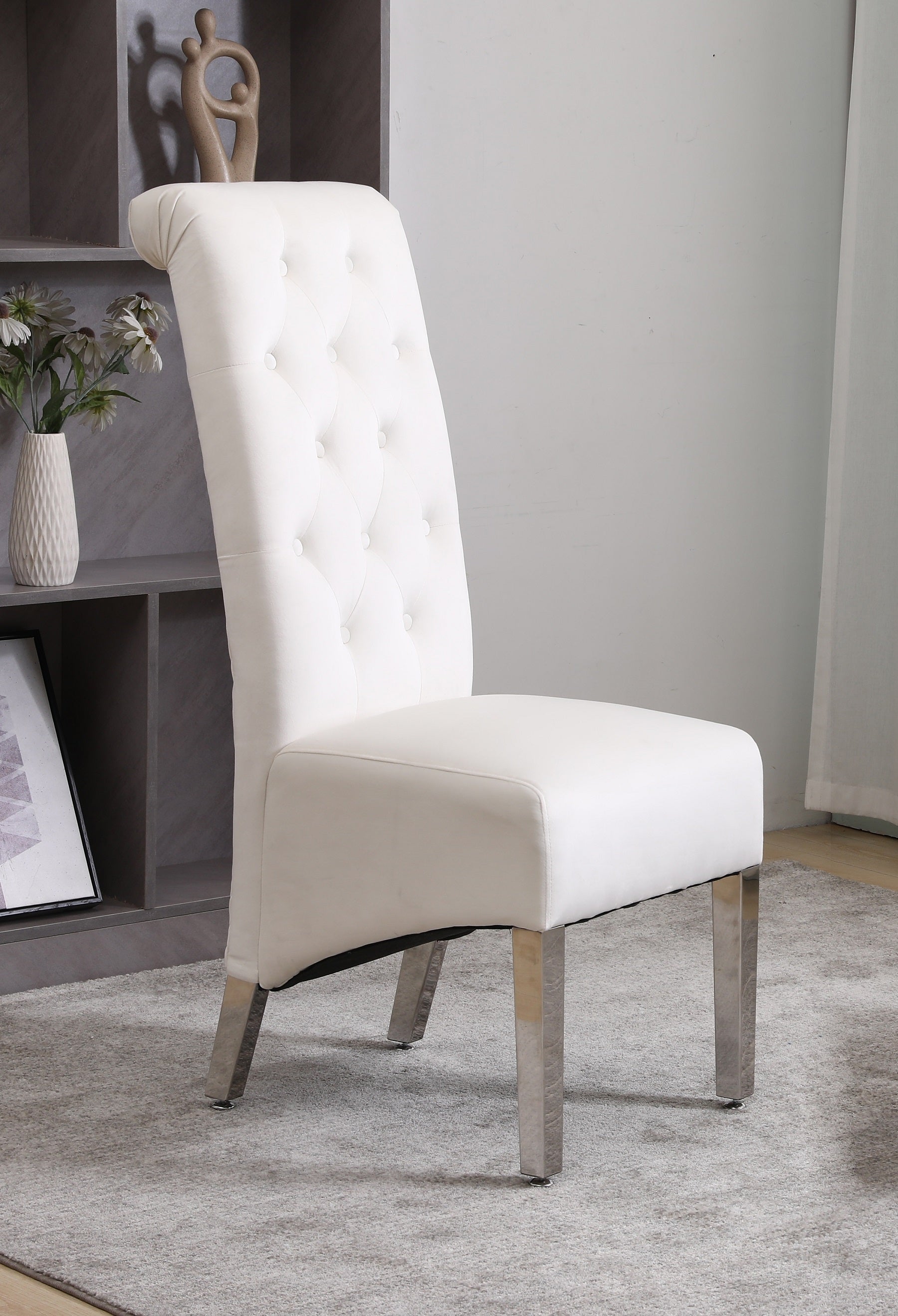 Image of c-1273: 02 creme velvet dining chair with chrome base..