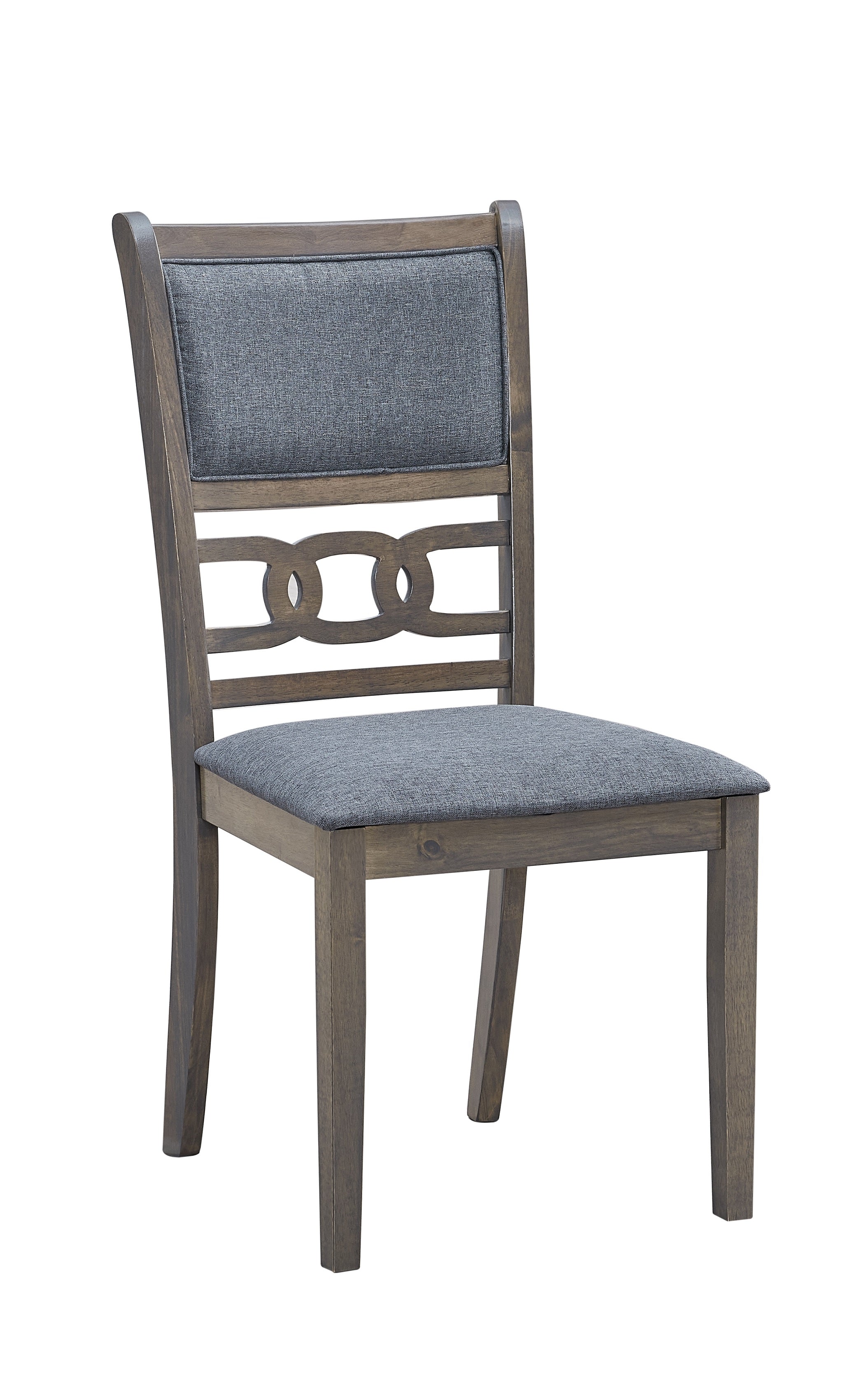 Image of c-1084: 02 dark grey fabric upholstered cushion seats dining chair.