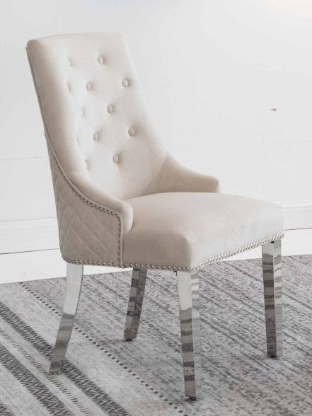 Image of c-1253: 02 creme velvet dining chair with chrome base..