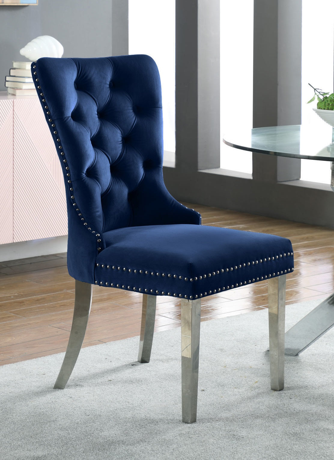 Image of c-1262: 02 blue velvet dining chair with chrome legs..