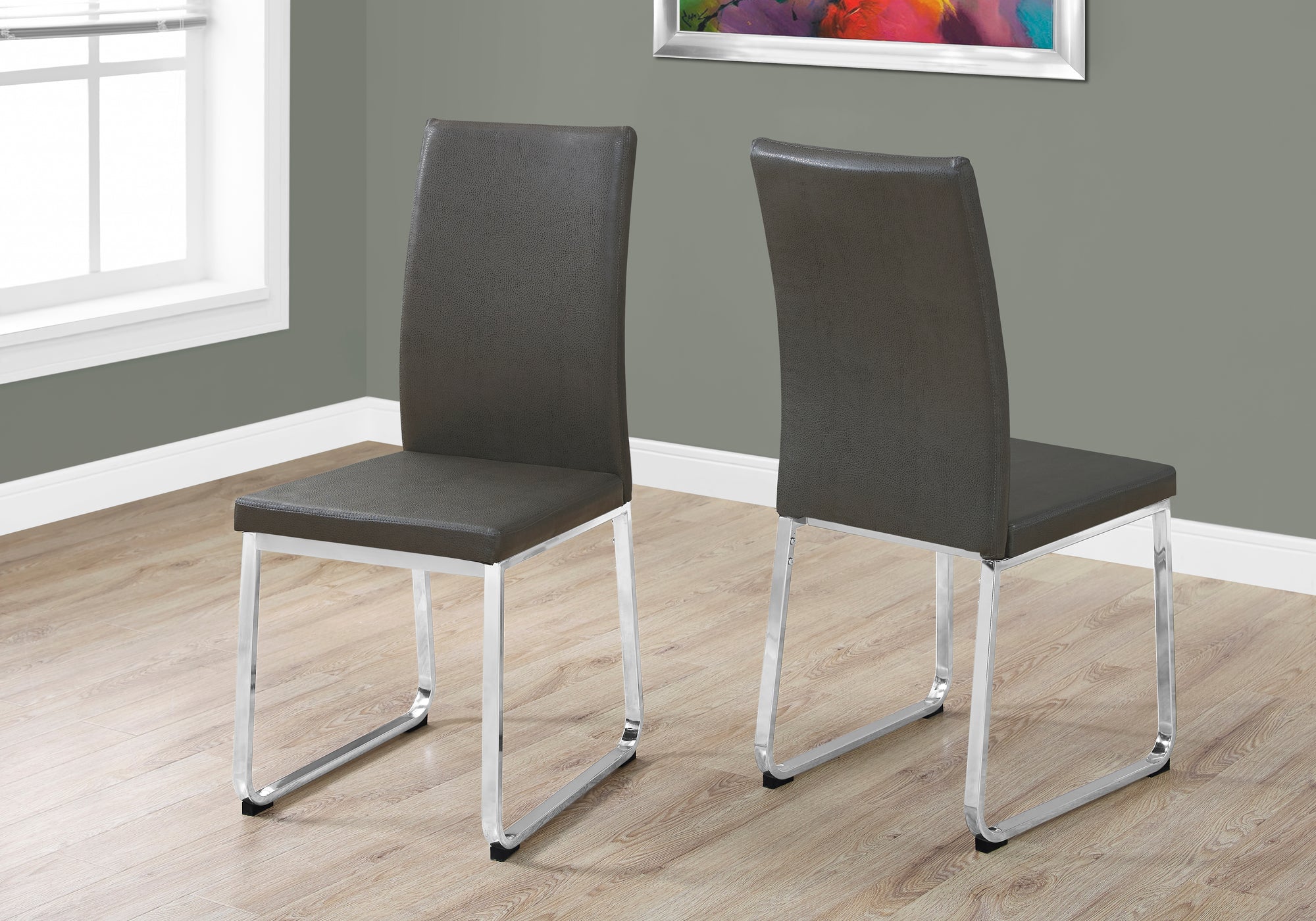 dining chair 2pcs 38h grey leather look chrome i1094