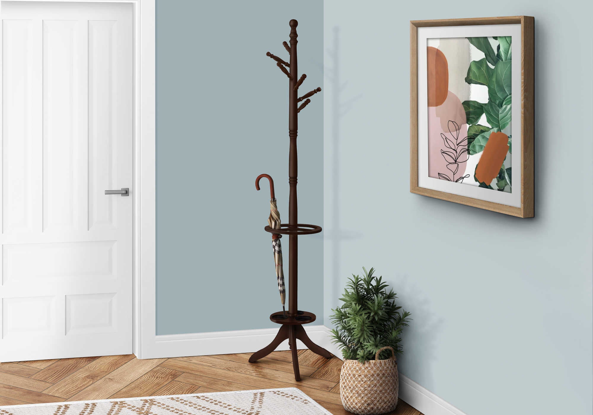 COAT RACK - 71H  DARK CHERRY WITH AN UMBRELLA HOLDER