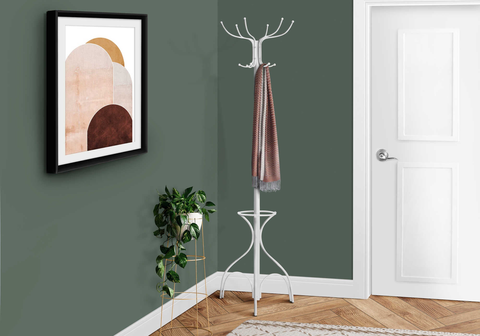 COAT RACK - 70H  WHITE METAL WITH AN UMBRELLA HOLDER