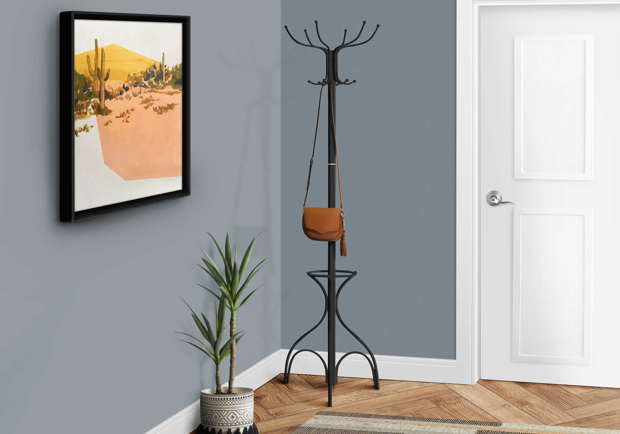 COAT RACK - 70H  BLACK METAL WITH AN UMBRELLA HOLDER