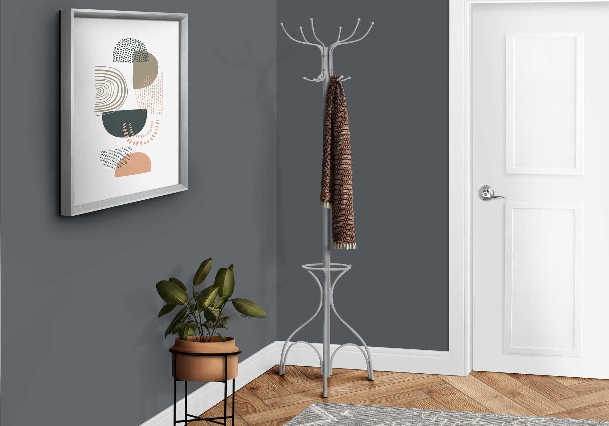 COAT RACK - 70H  SILVER METAL WITH AN UMBRELLA HOLDER