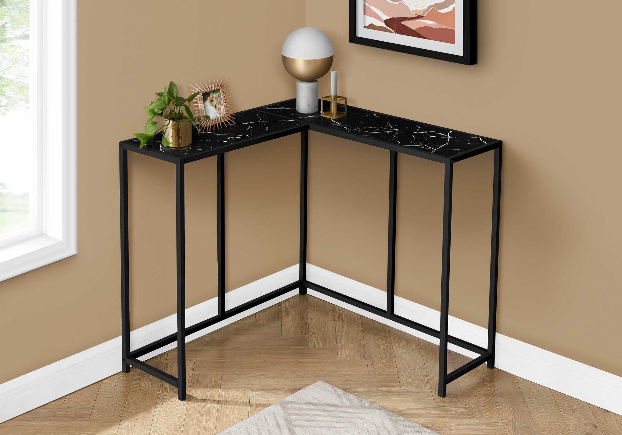 ACCENT TABLE - 36L  BLACK MARBLE  BLACK CORNER CONSOLE