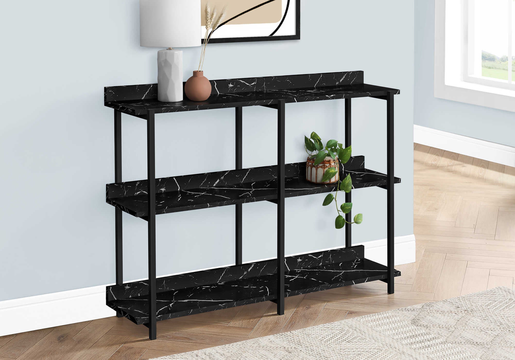 ACCENT TABLE - 48L  BLACK MARBLE  BLACK METAL CONSOLE