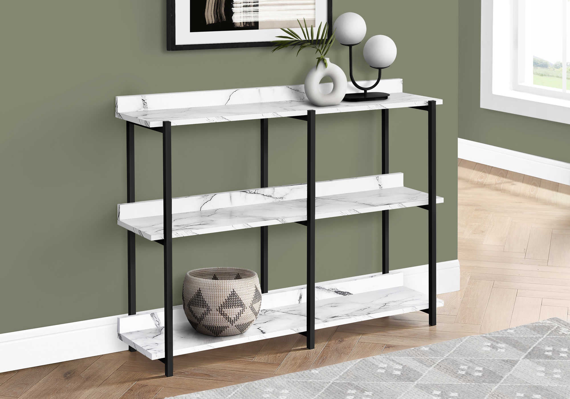ACCENT TABLE - 48L  WHITE MARBLE  BLACK METAL CONSOLE