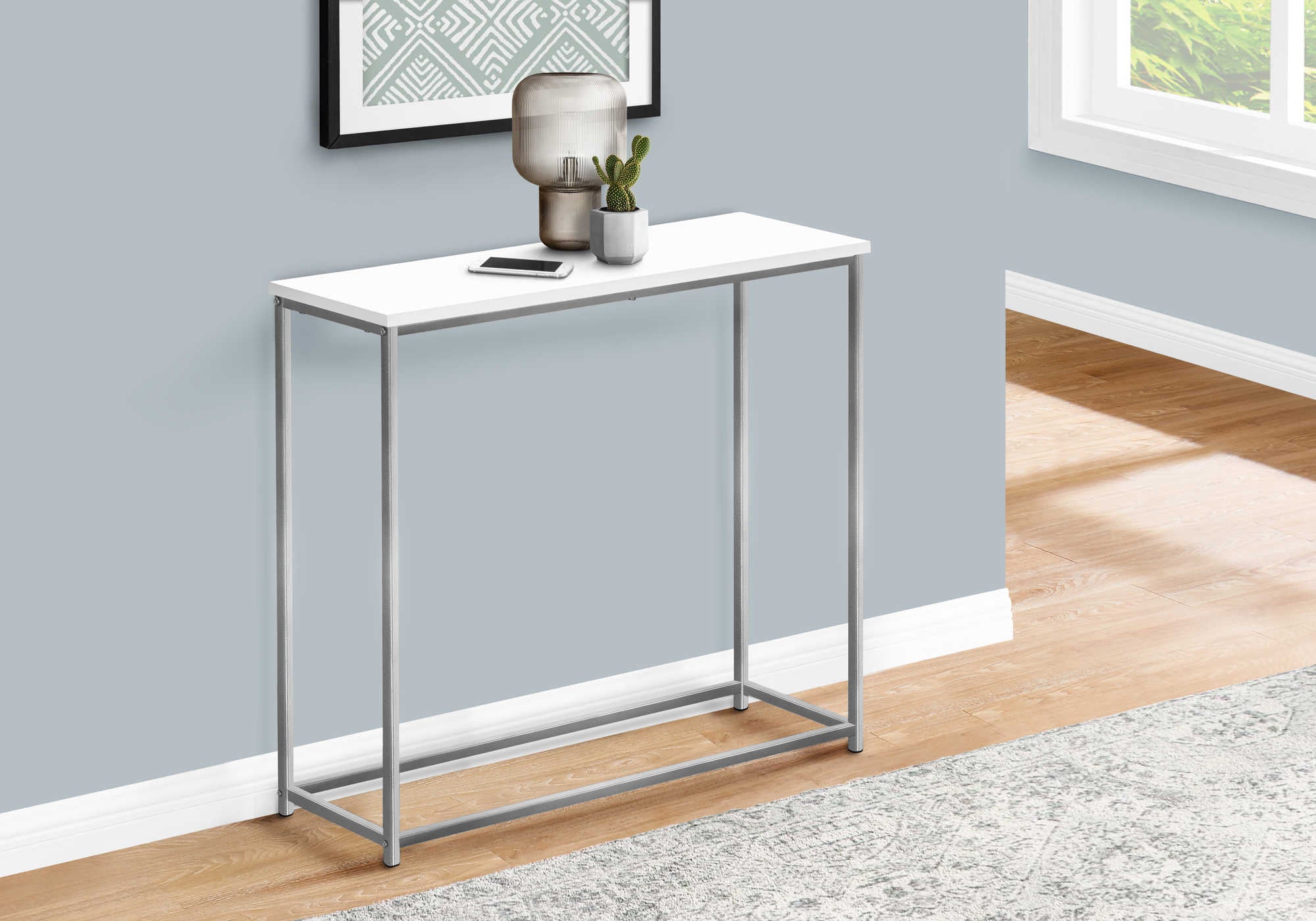 ACCENT TABLE - 32L  WHITE  SILVER METAL CONSOLE