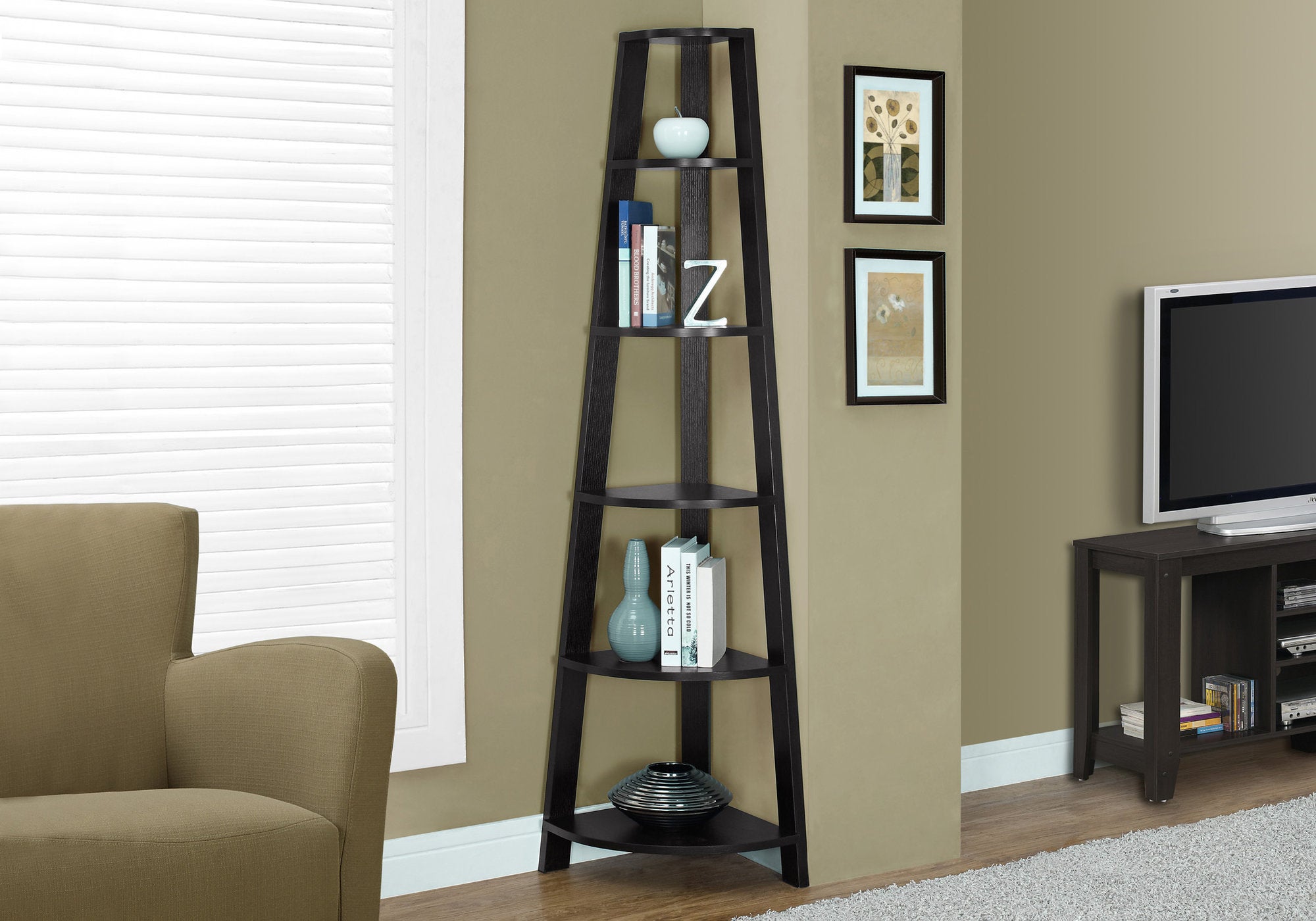 bookcase 72h espresso corner accent etagere i2495