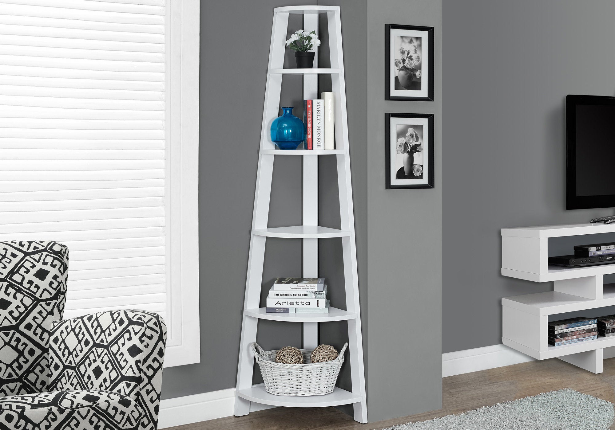 bookcase 72h white corner accent etagere i2496