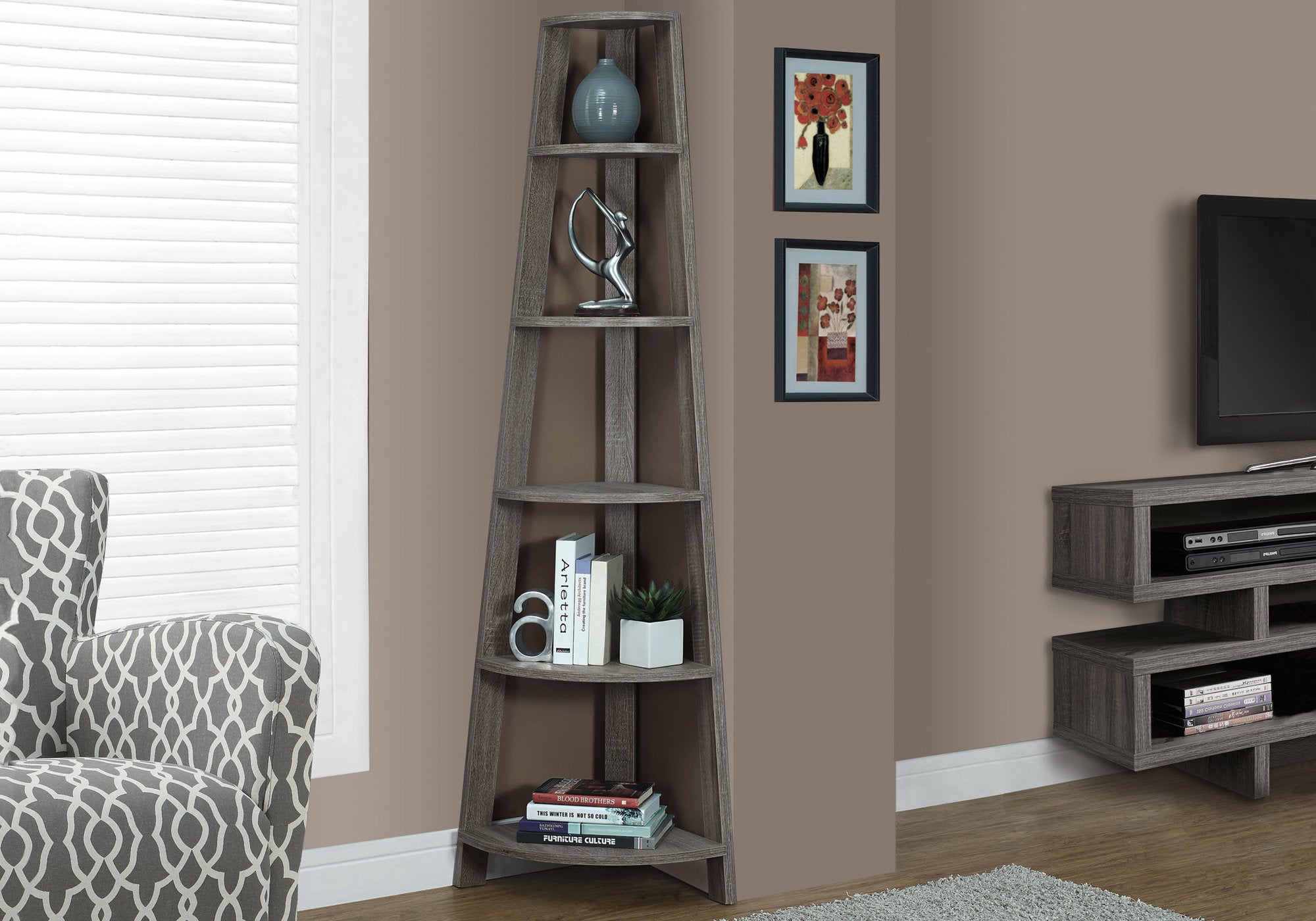 bookcase 72h dark taupe corner accent etagere i2497