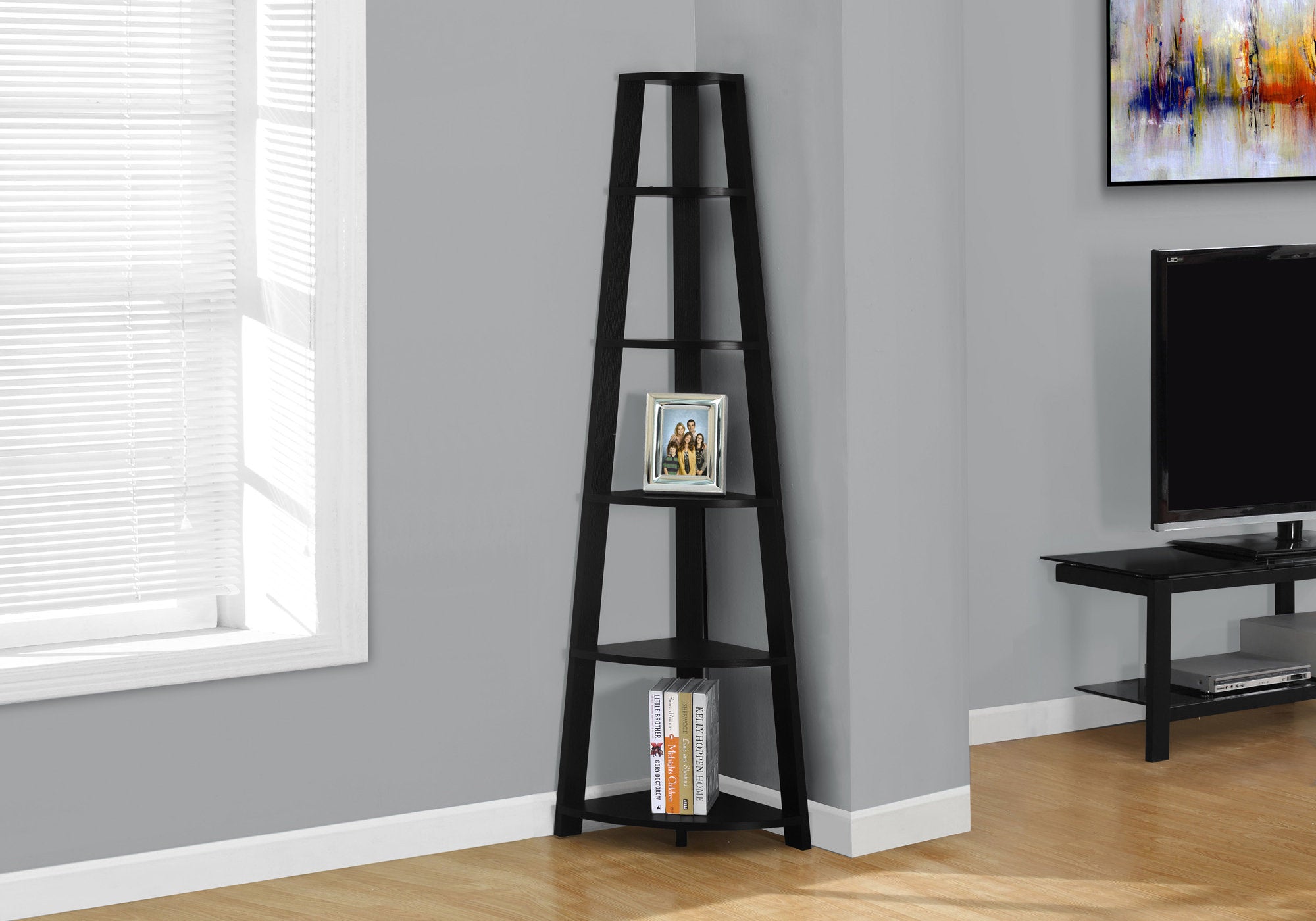 bookcase 72h black corner accent etagere i2499