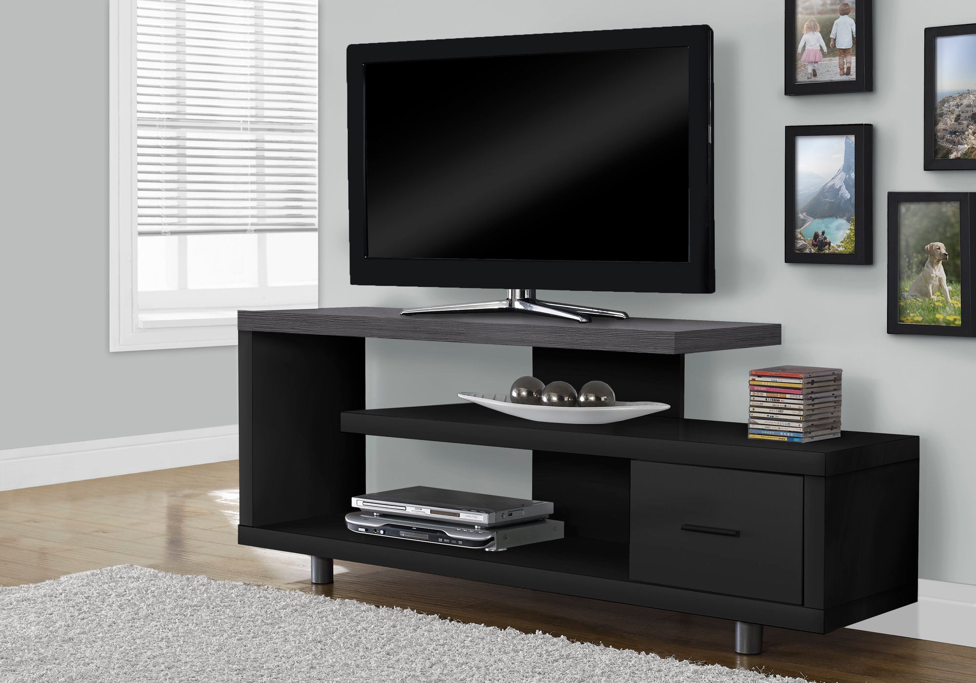 tv stand 60l black grey top with 1 drawer i2575