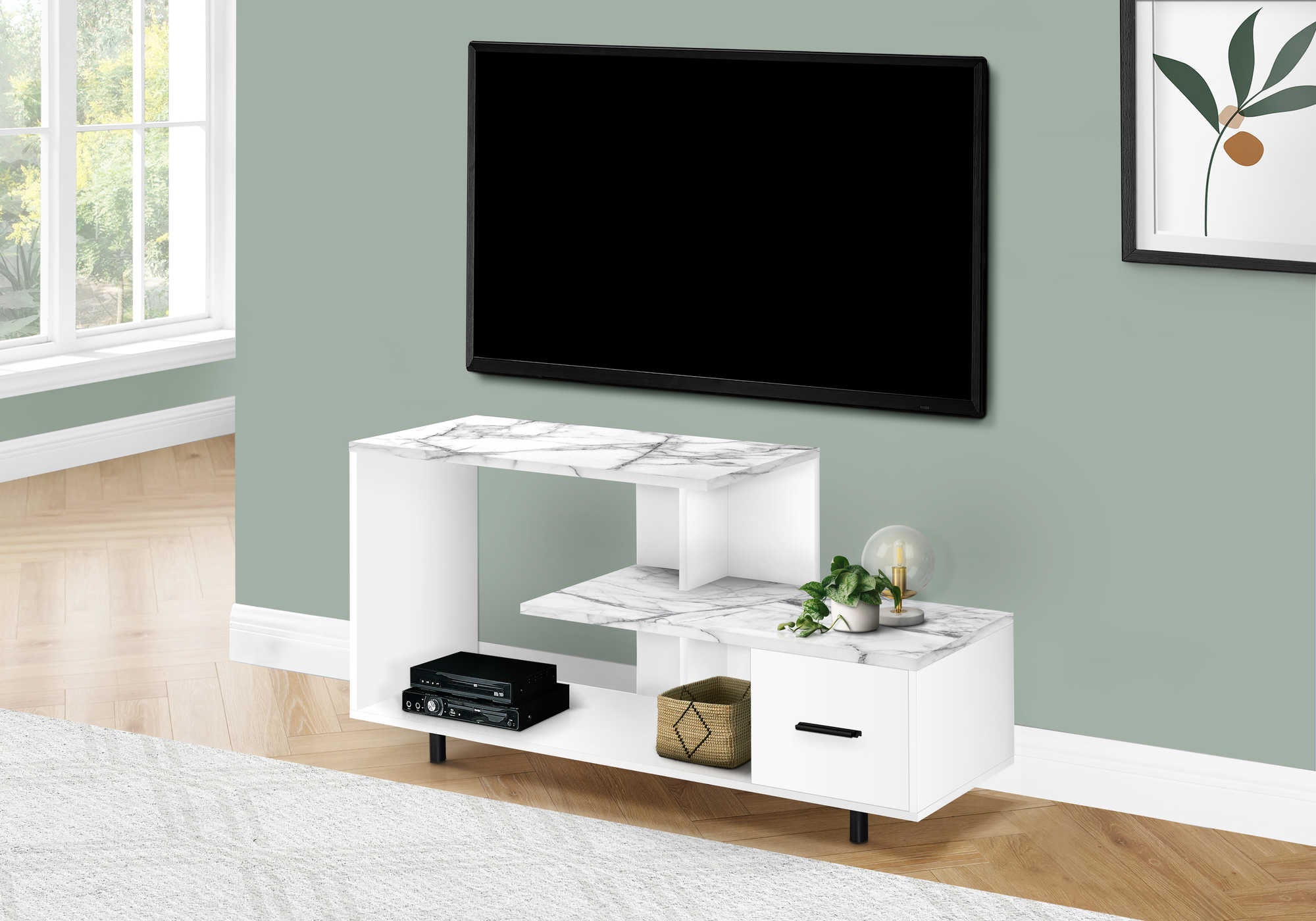 TV STAND - 48L  WHITE  WHITE MARBLE TOP  1 DRAWER