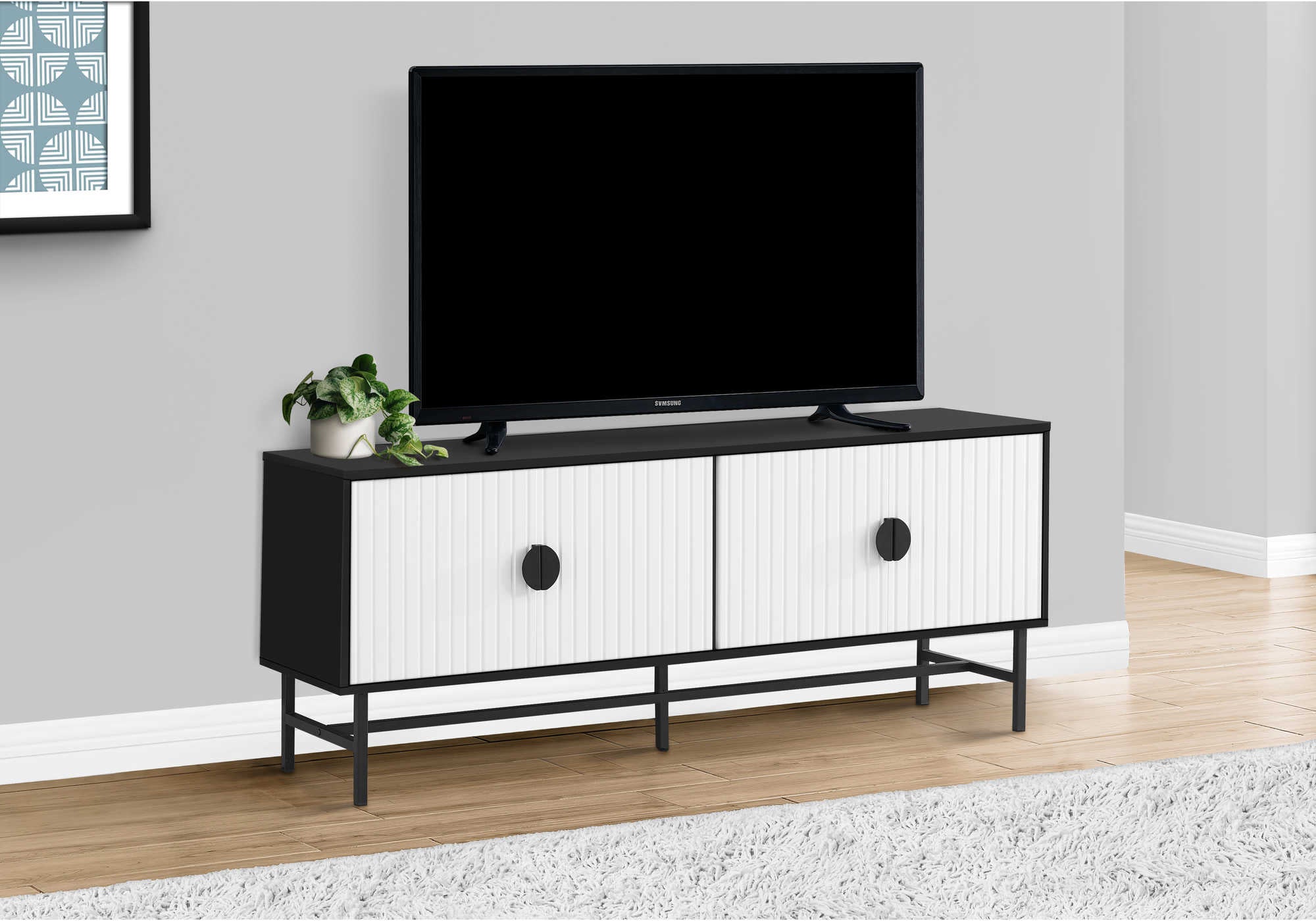 TV STAND - 60L  BLACK  WHITE DOORS WITH BLACK METAL
