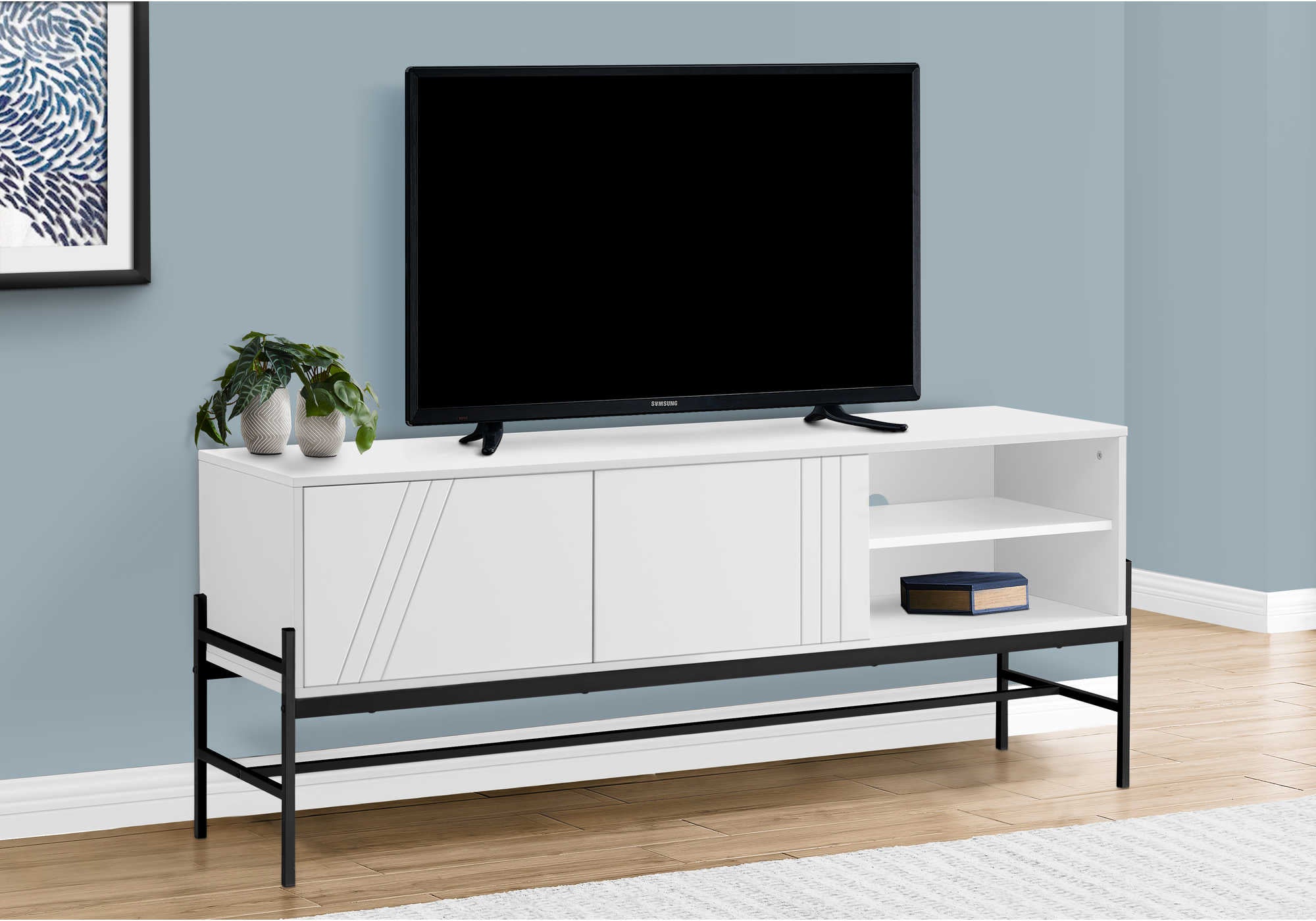TV STAND - 60L  WHITE  BLACK METAL WITH STORAGE