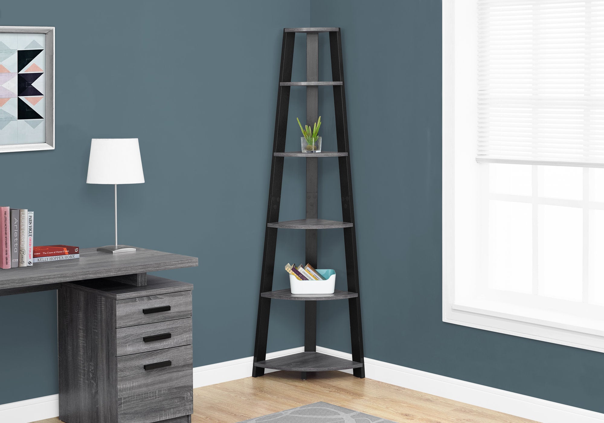 bookcase 72h grey black corner accent etagere i2750