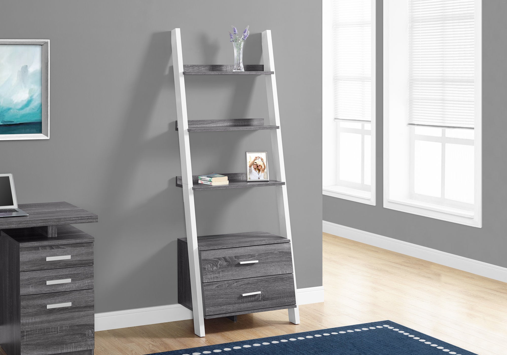 bookcase 69h grey white ladder with 2 storage drawer i2756