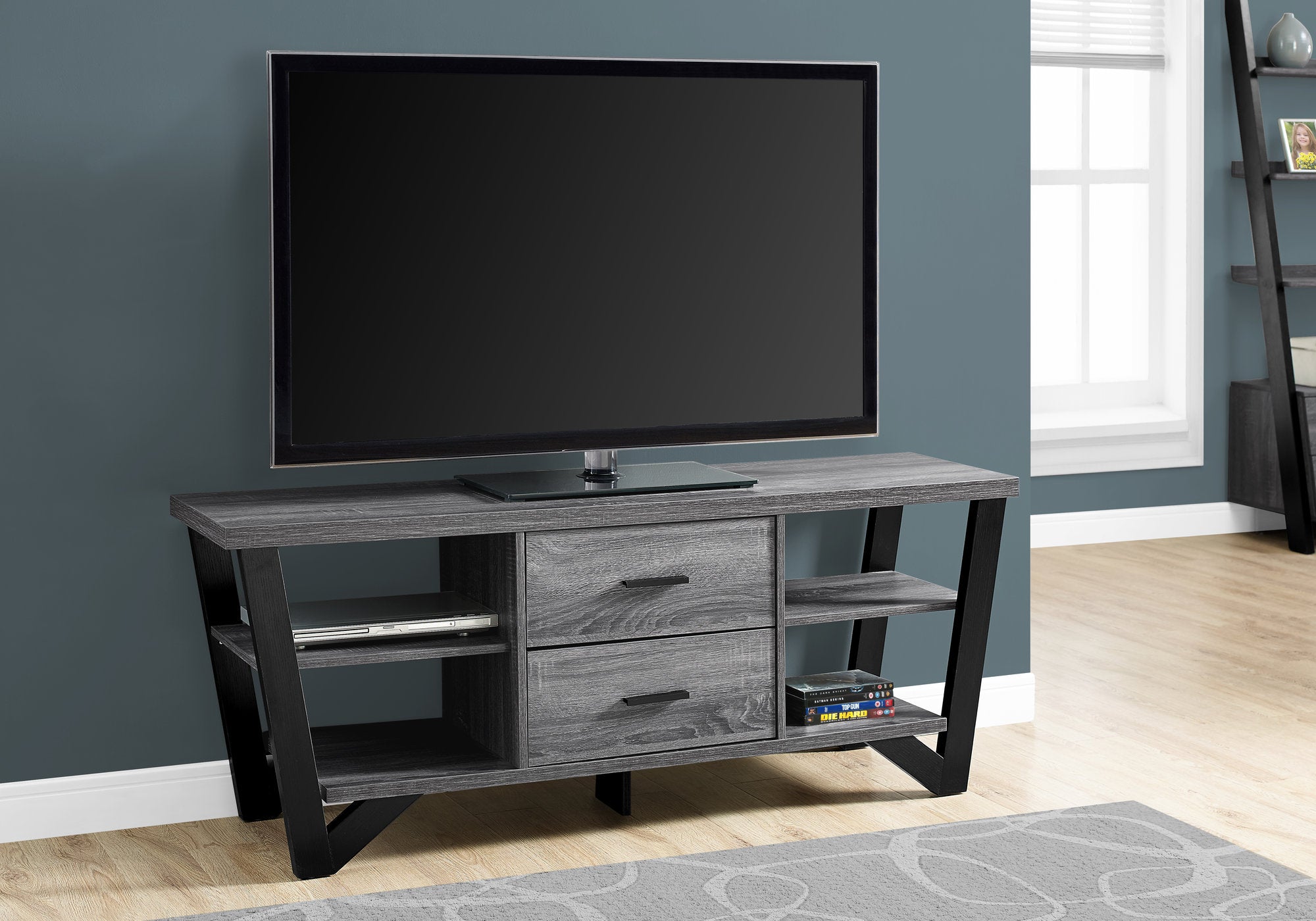 tv stand 60l grey black with 2 storage drawers i2762