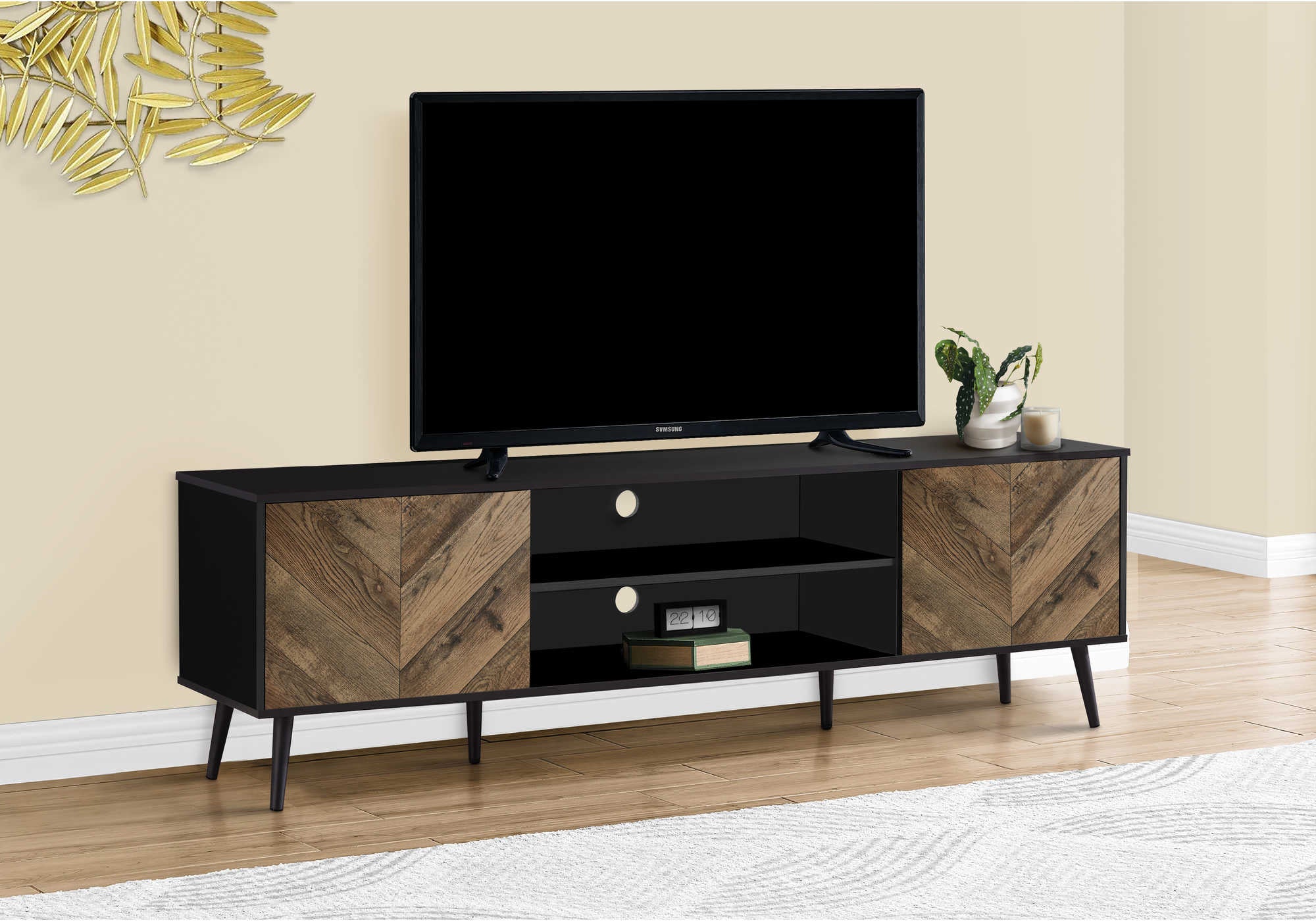 TV STAND - 72L  BLACK WITH 2 WOOD-LOOK DOORS