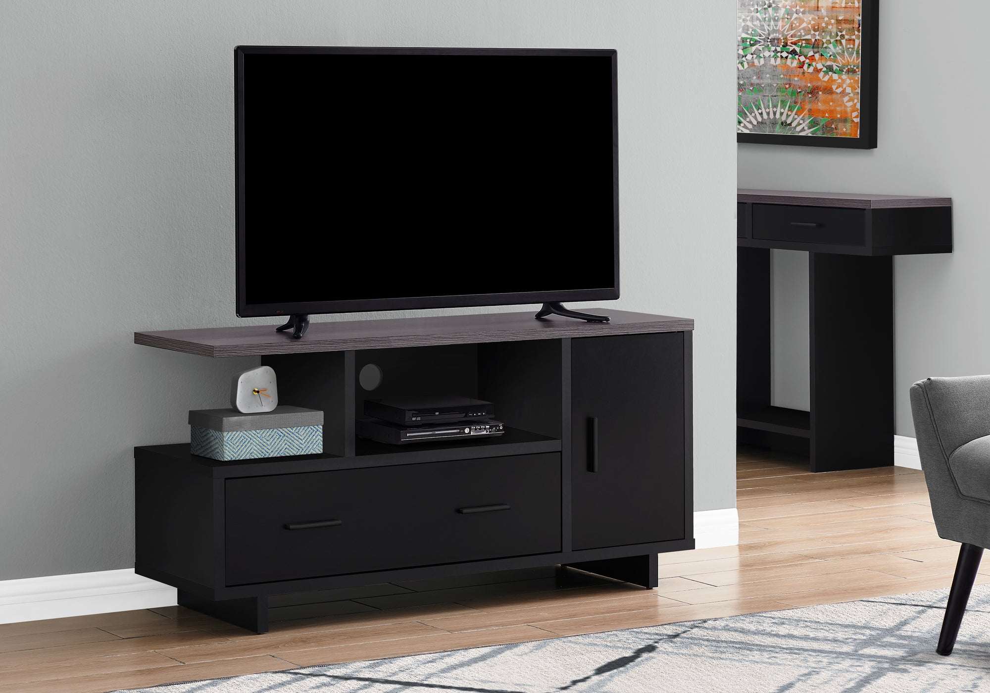 tv stand 48l black grey top with storage  i2801