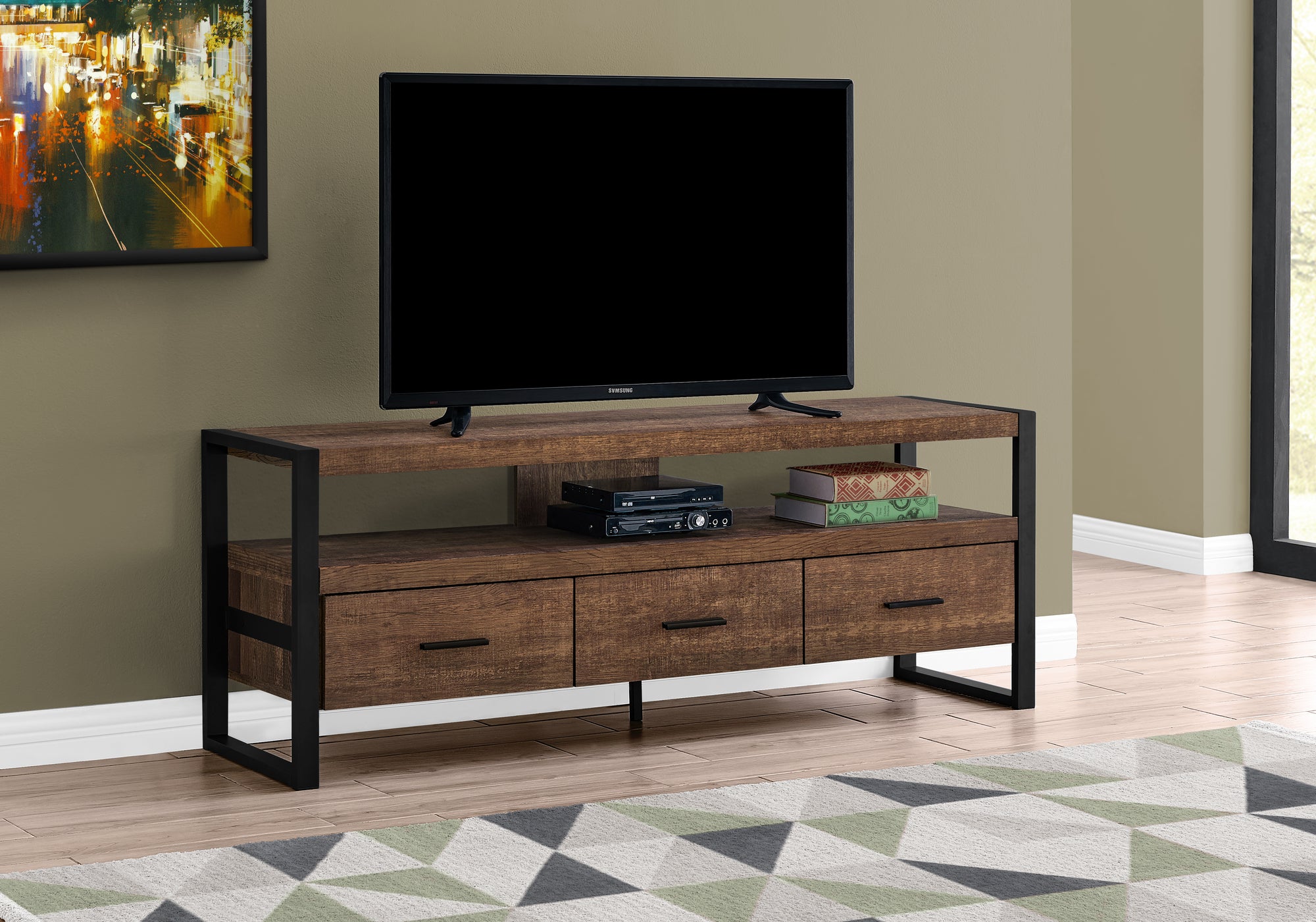 tv stand 60l brown reclaimed wood look 3 drawers i2820