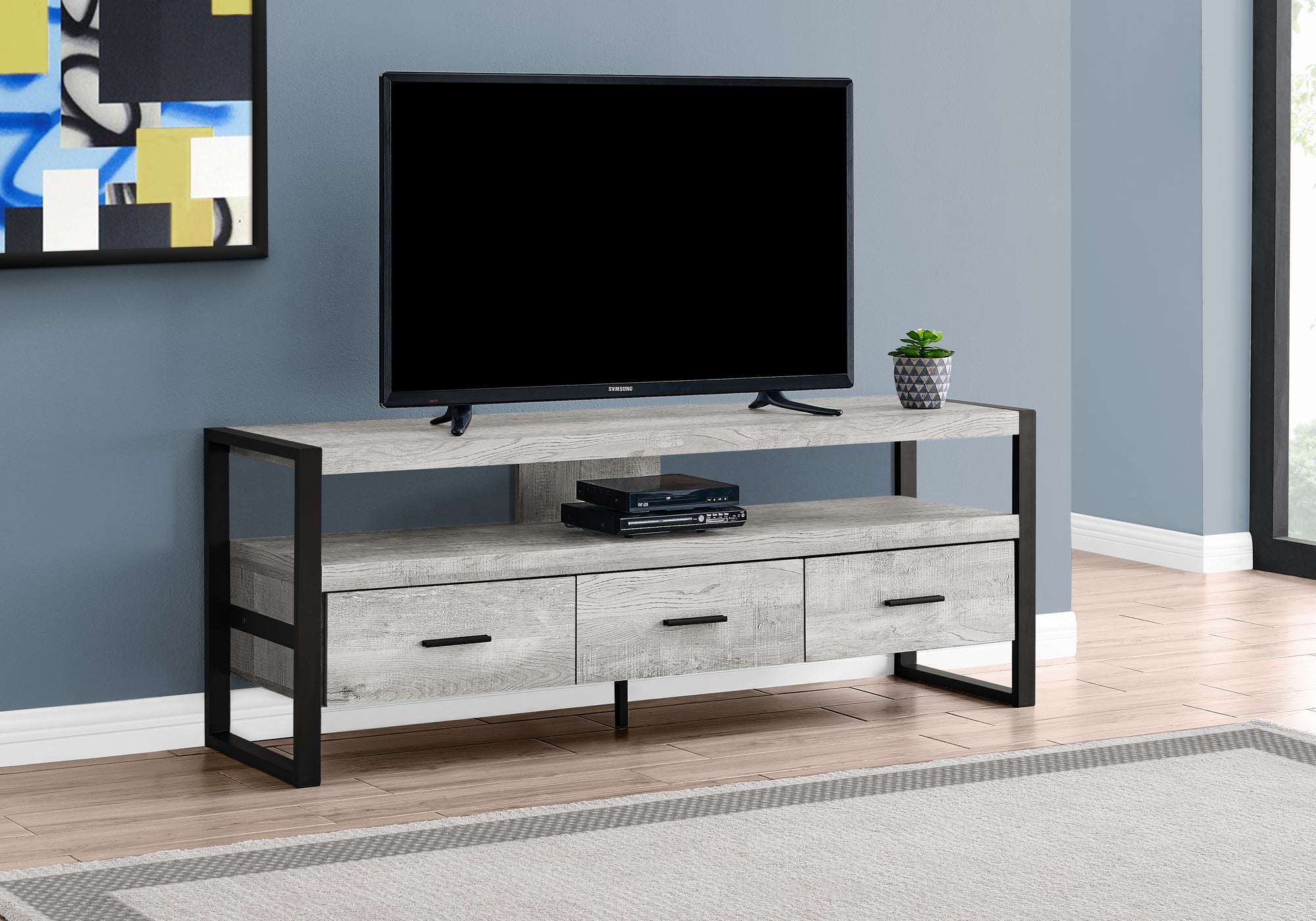 tv stand 60l grey reclaimed wood look 3 drawers i2821