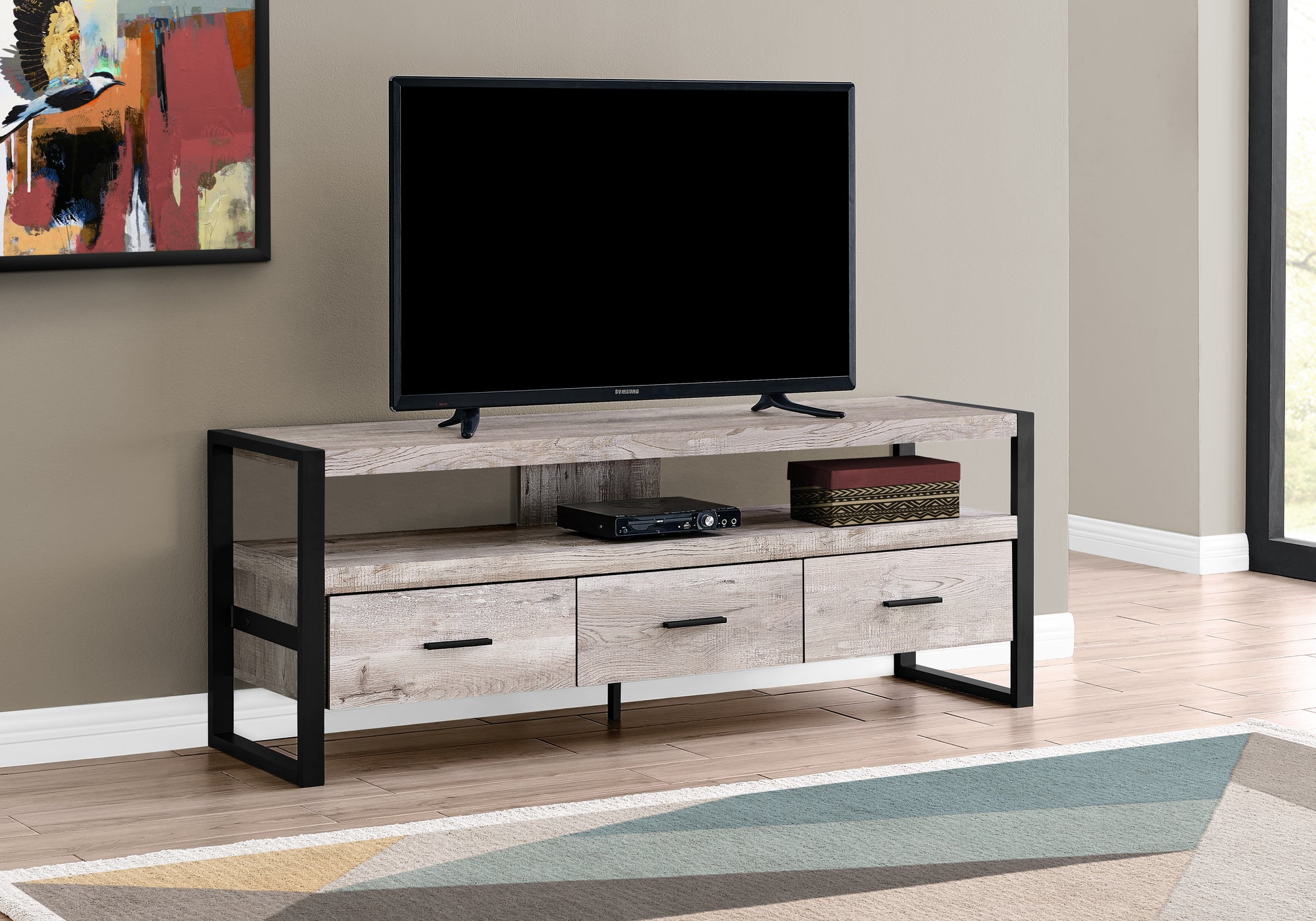 tv stand 60l taupe reclaimed wood look 3 drawers i2822