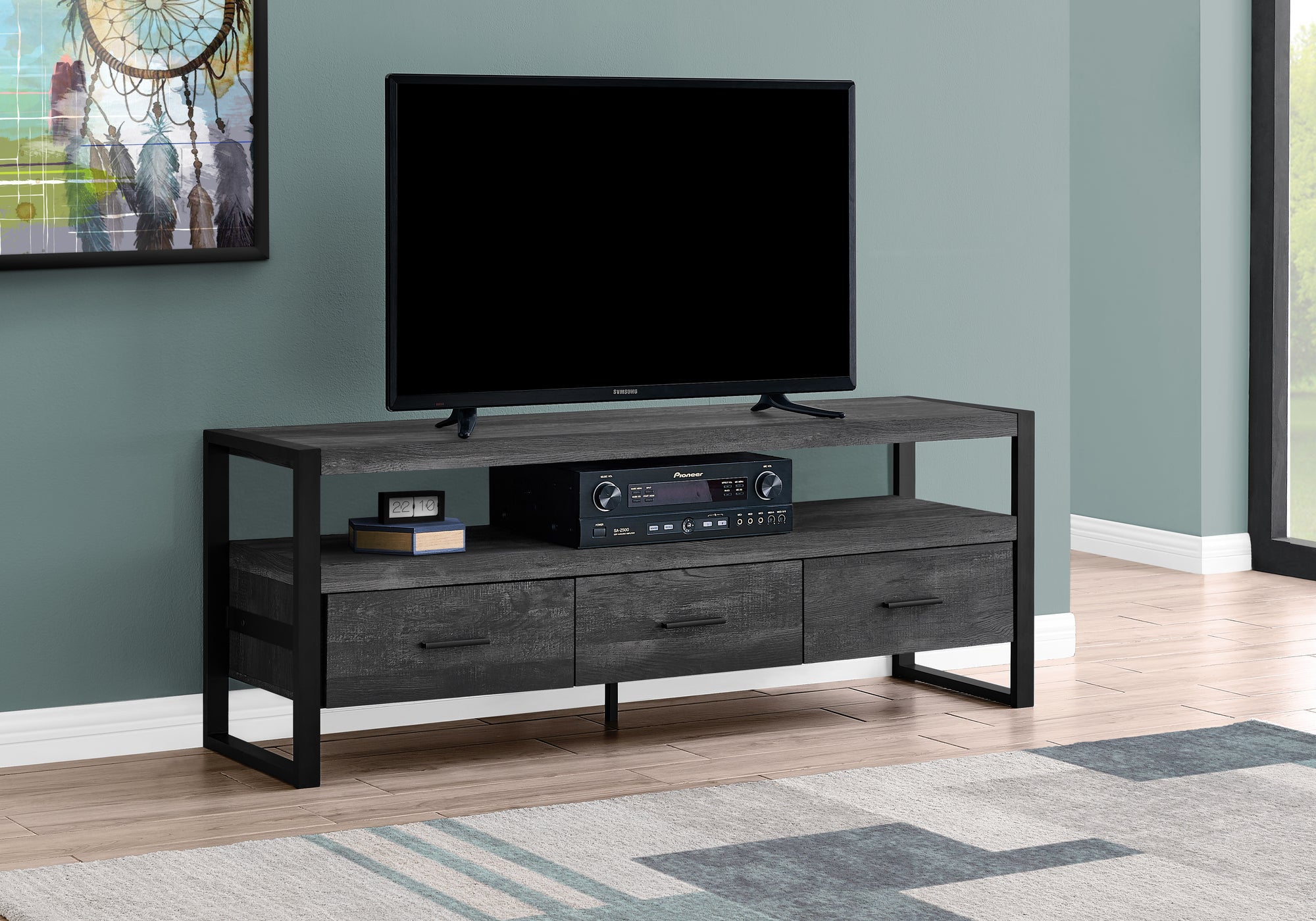 tv stand 60l black reclaimed wood look 3 drawers i2823