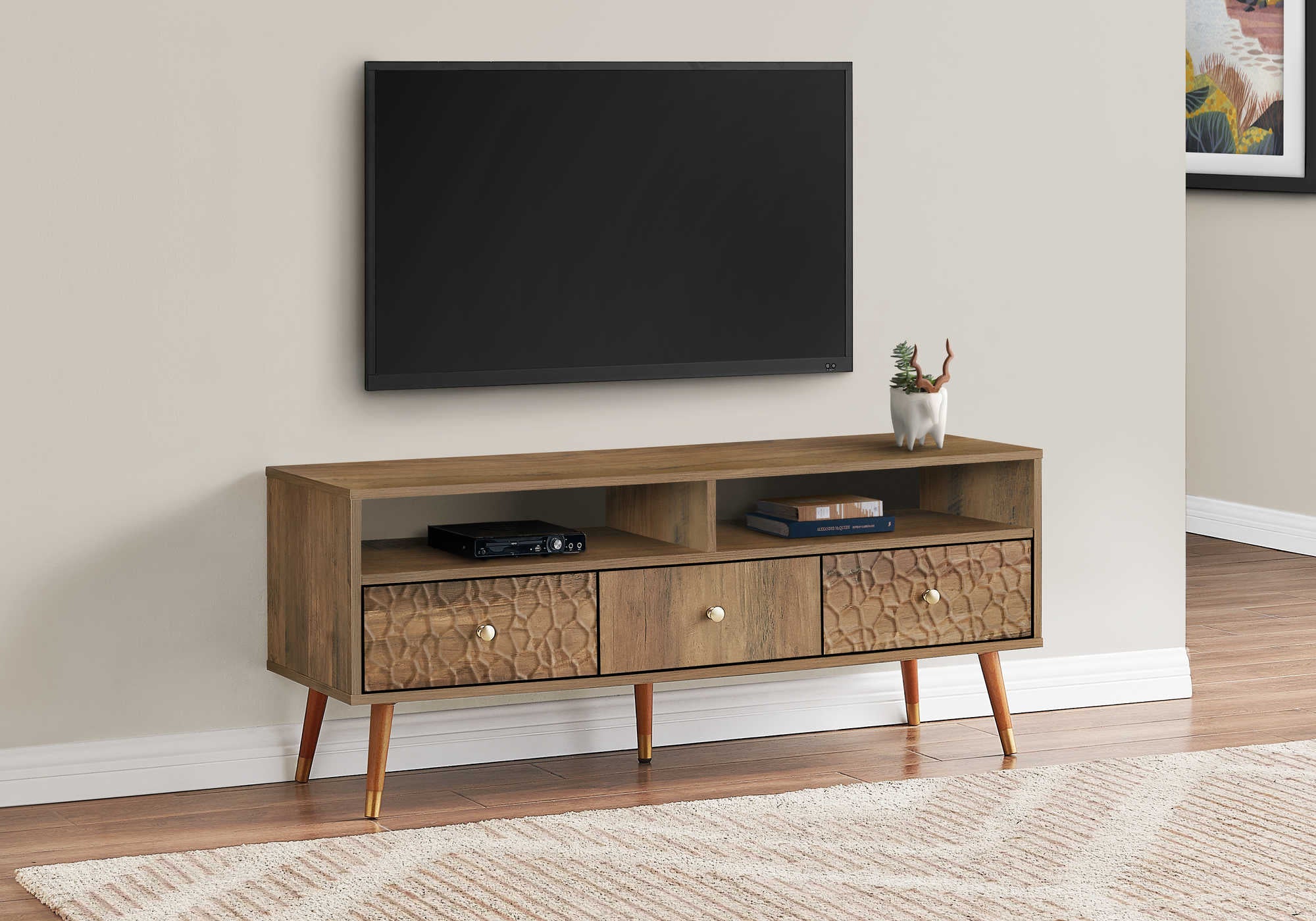 TV STAND - 48L  WALNUT MID-CENTURY WITH 3 DRAWERS