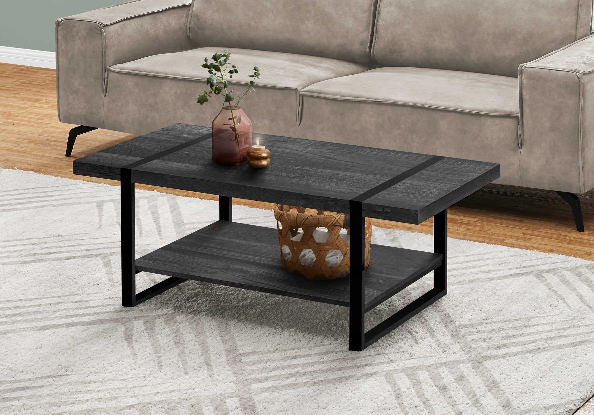 COFFEE TABLE - BLACK RECLAIMED WOOD-LOOK  BLACK METAL