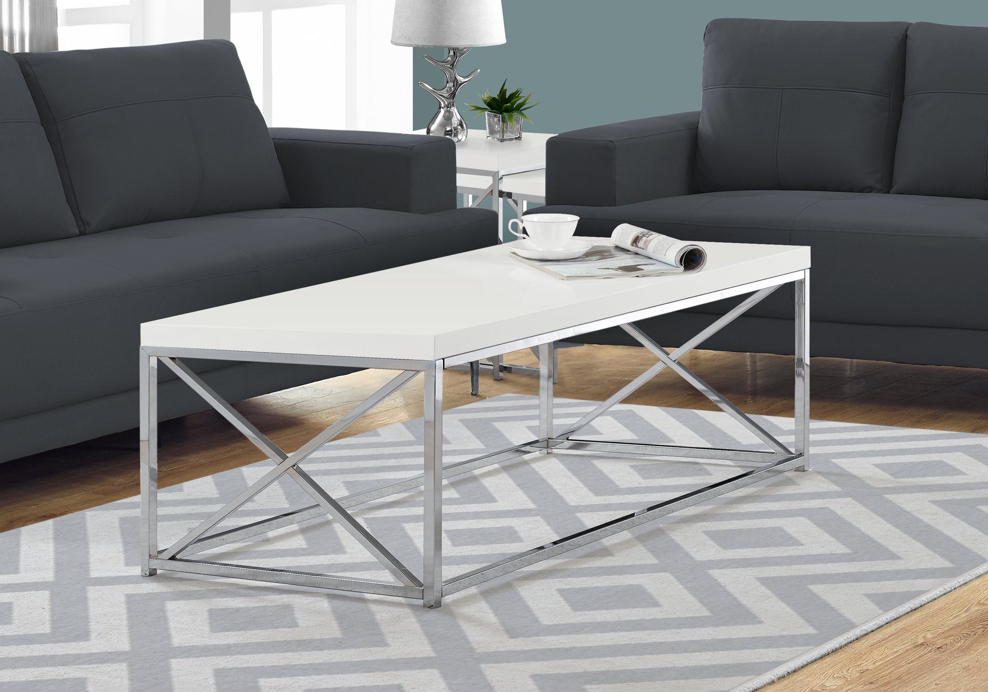 coffee table glossy white with chrome metal i3028