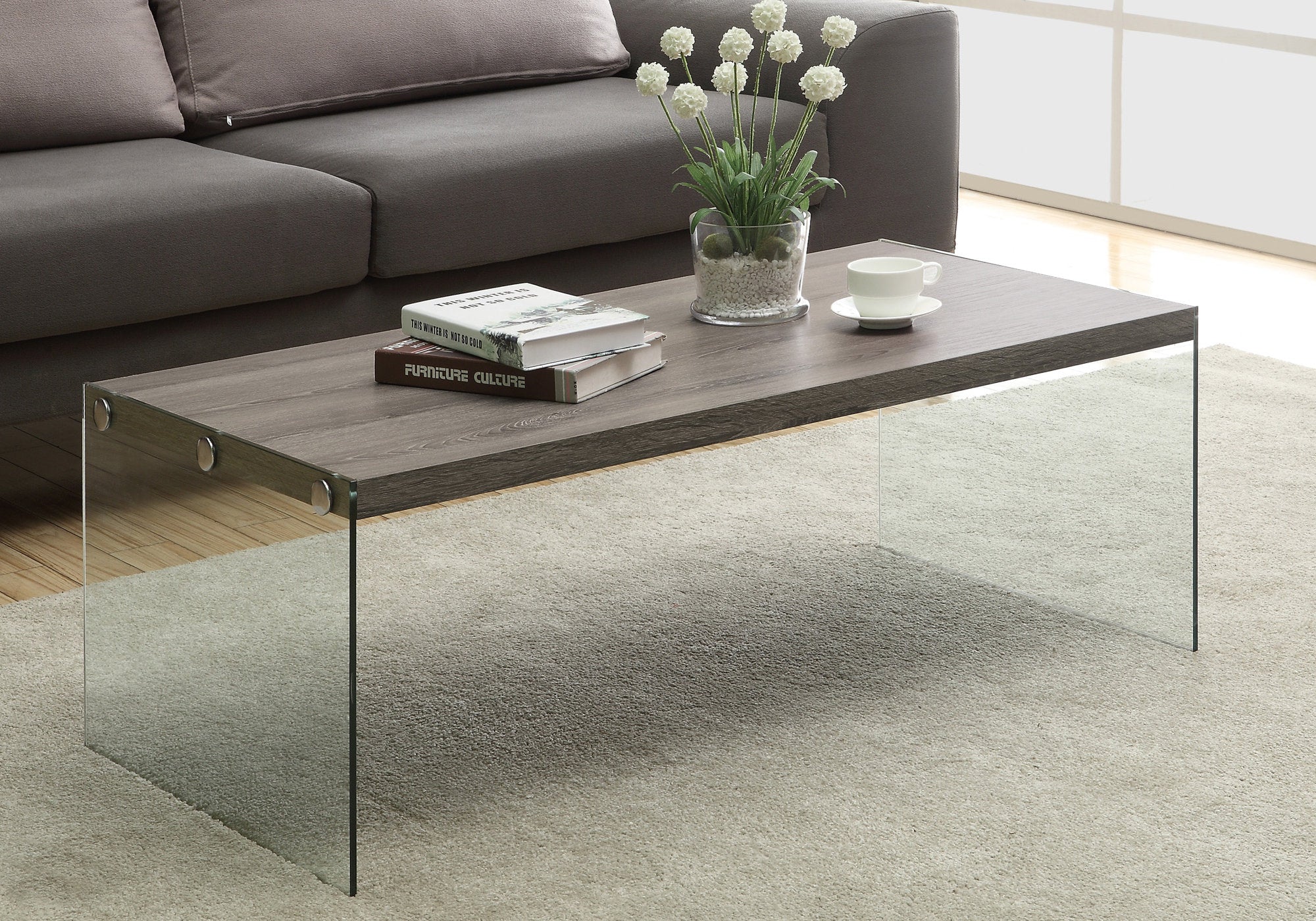 coffee table dark taupe with tempered glass i3054