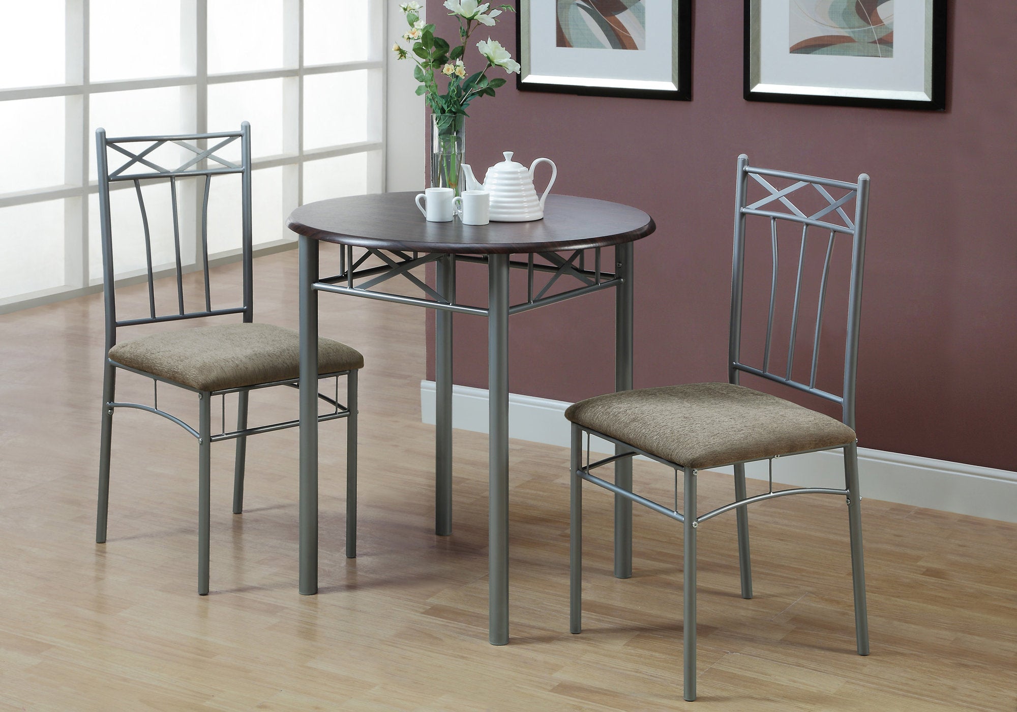 dining set 3pcs set espresso silver metal i3075