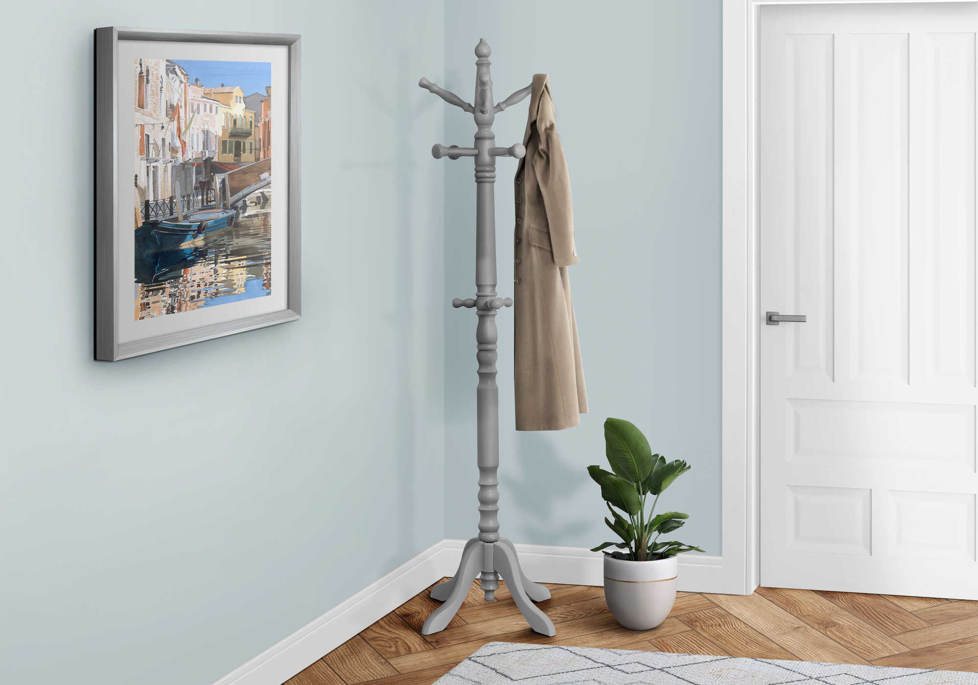 COAT RACK - 73H  GREY WOOD TRADITIONAL STYLE