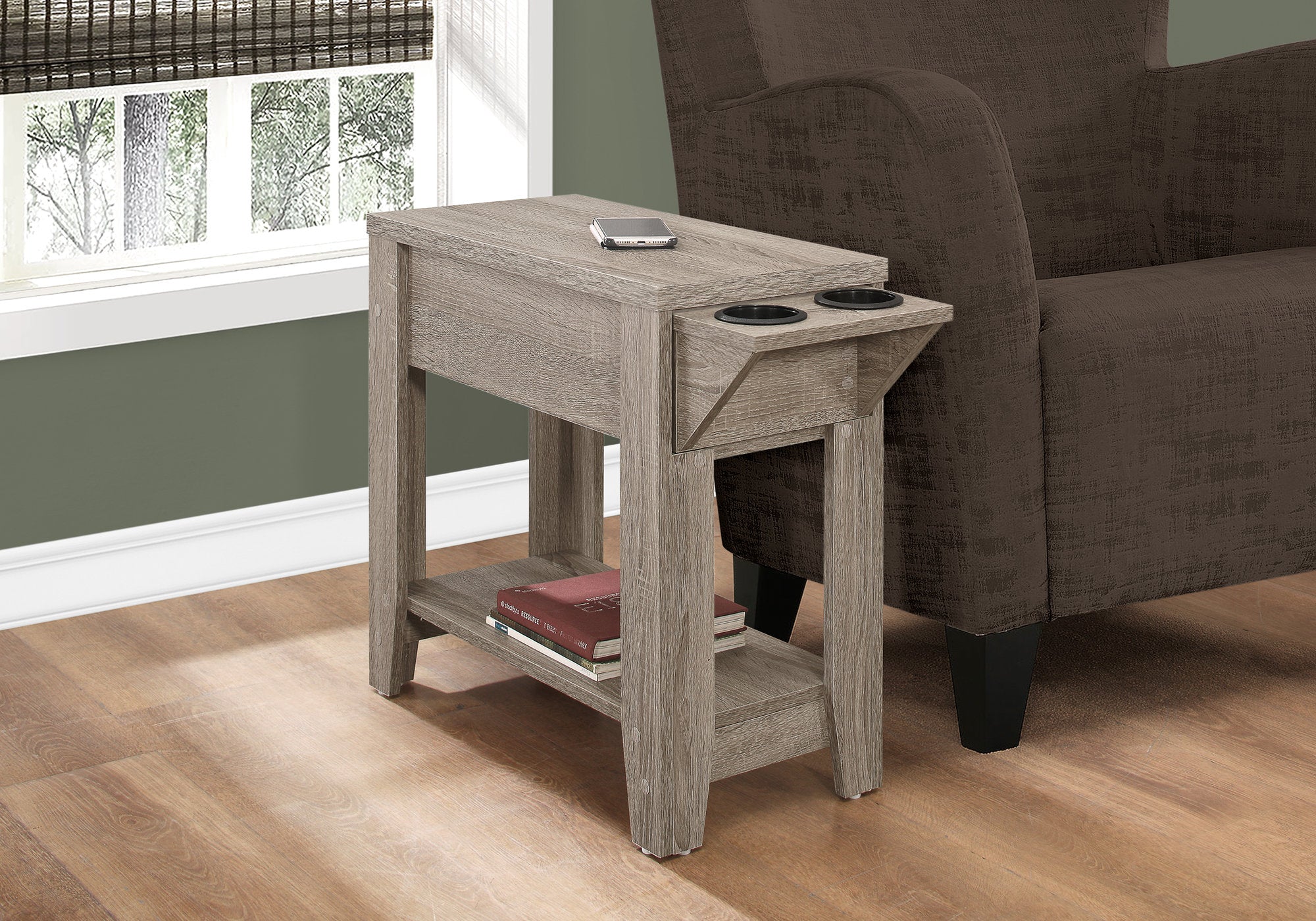 accent table 23h dark taupe with a glass holder i3198