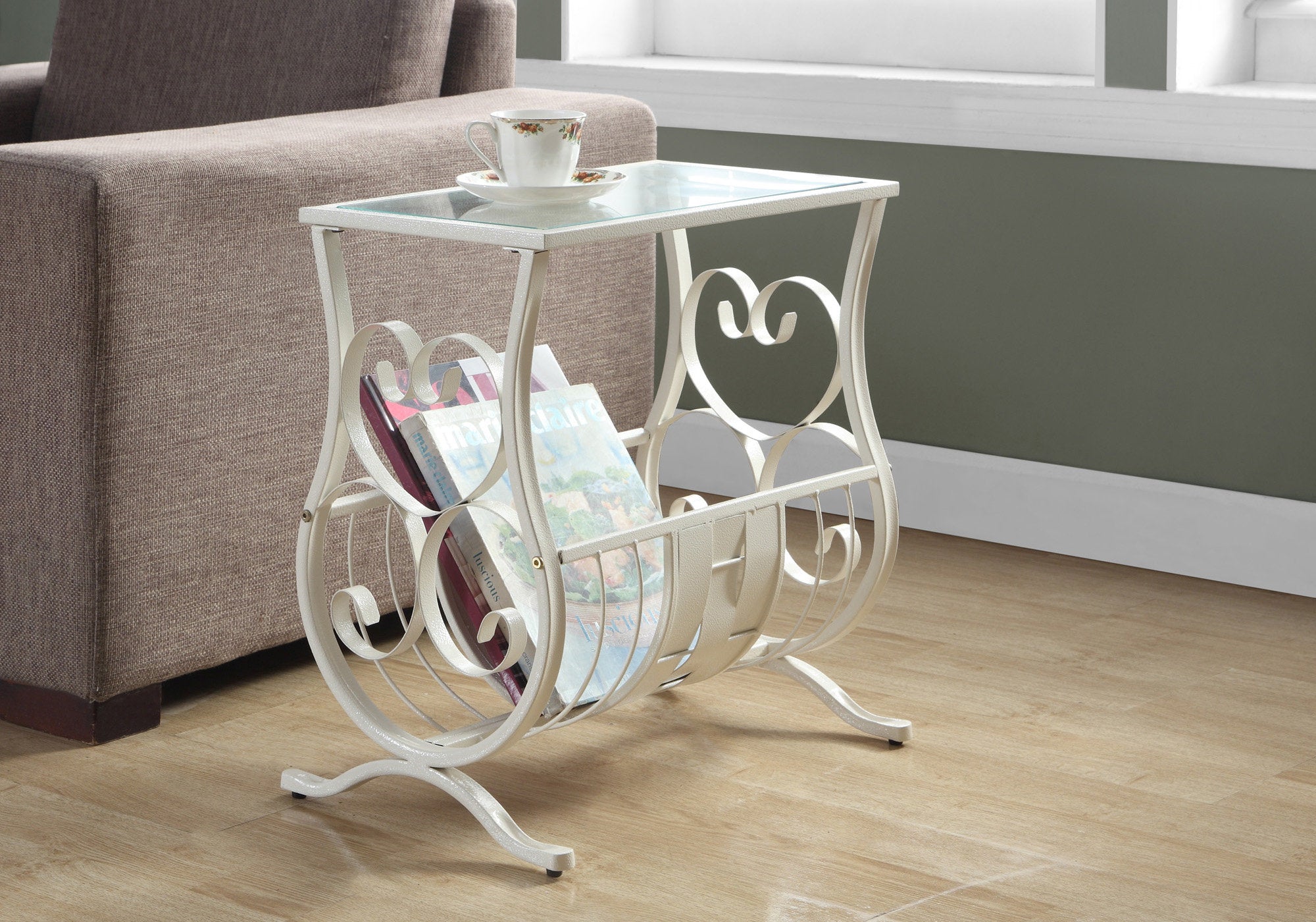 accent table antique white metal with tempered glass i3312