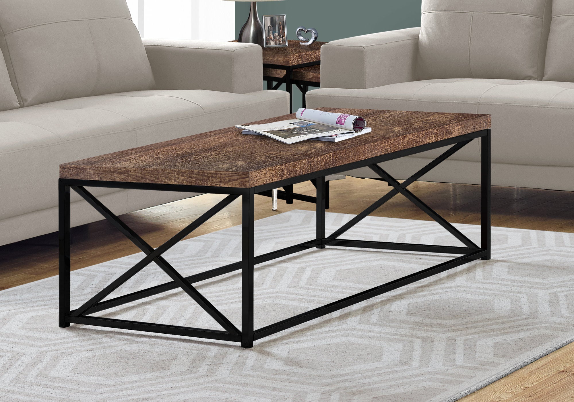 coffee table brown reclaimed wood look black metal i3416