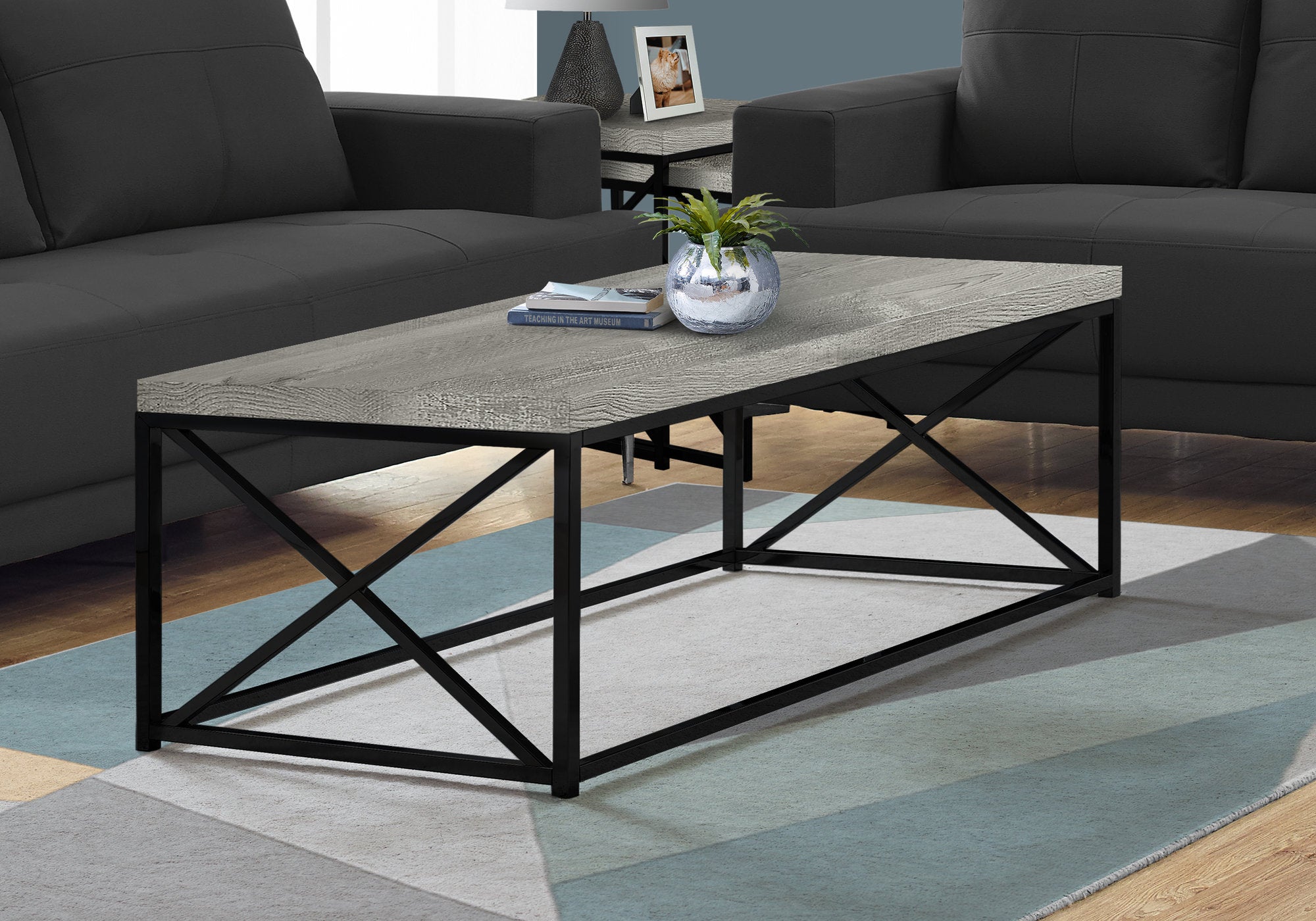 coffee table grey reclaimed wood look/ black metal i3417