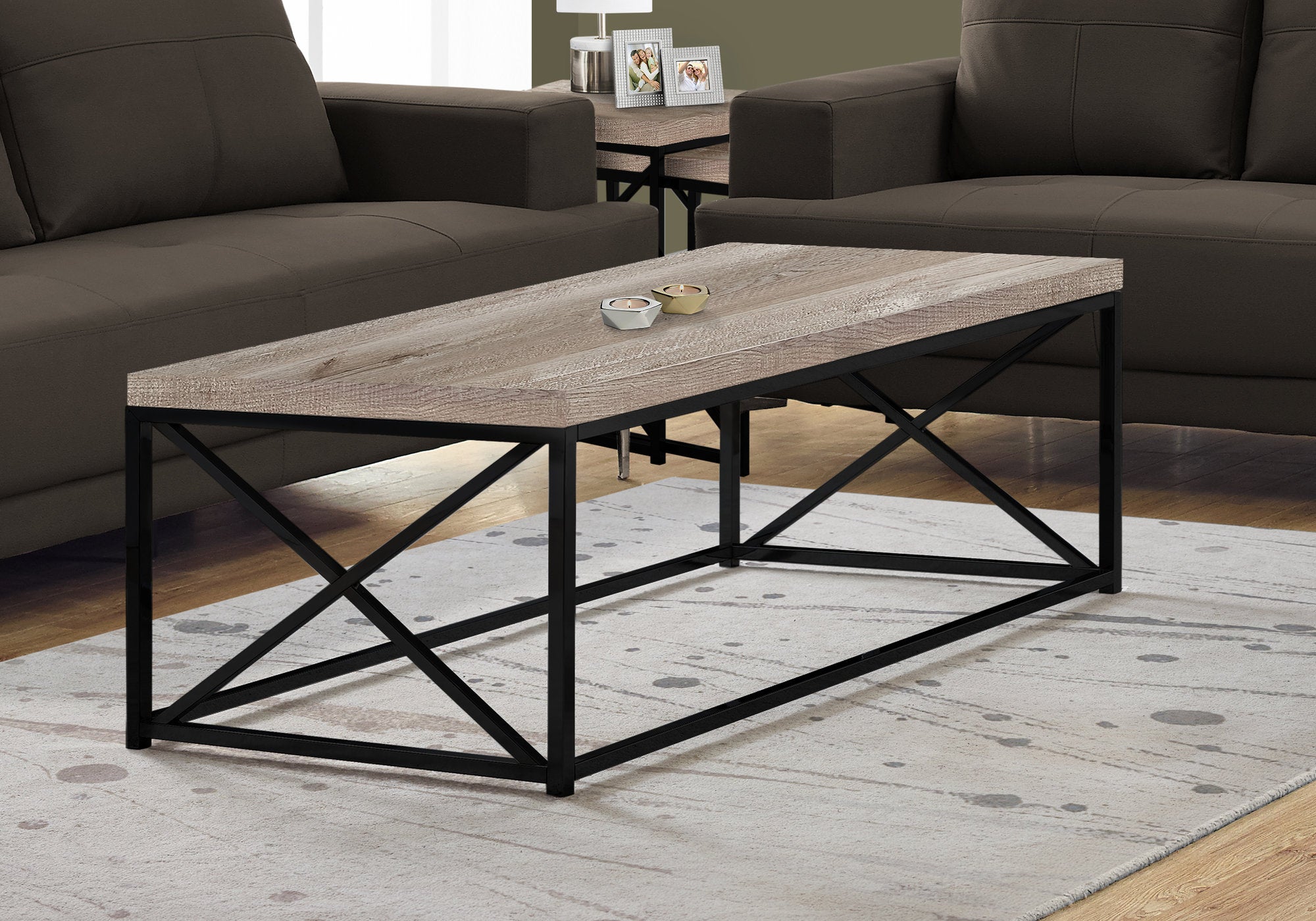 coffee table taupe reclaimed wood look black metal i3418